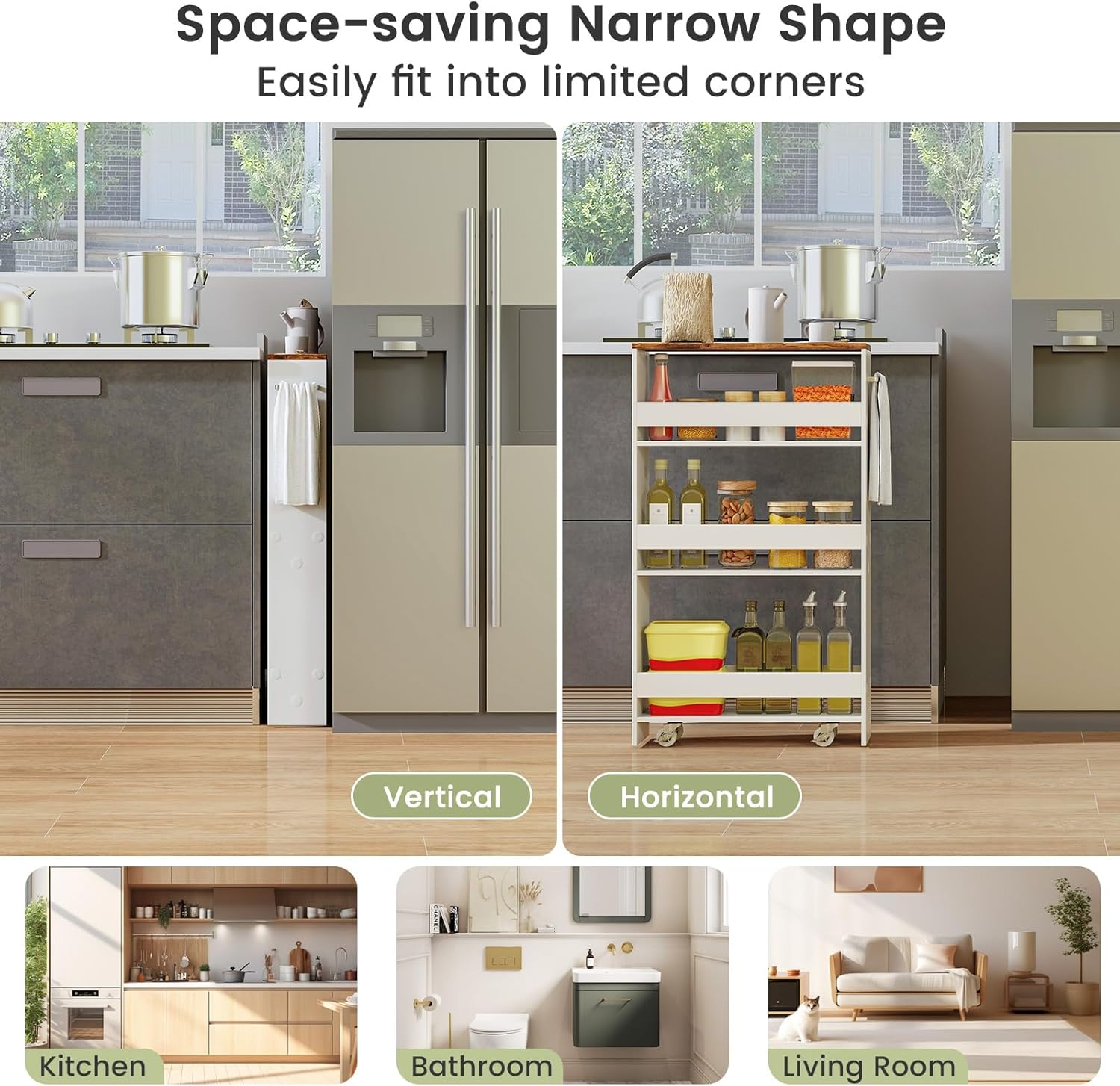 Costway Slim Storage Cart W/Handle, 4-Tier Slide Out Utility Cart, Shelving Unit Organizer Trolley for Narrow Places, Perfect for Laundry, Kitchen, Living Room (Rustic Brown+White) - Rustic Brown+White image number 2