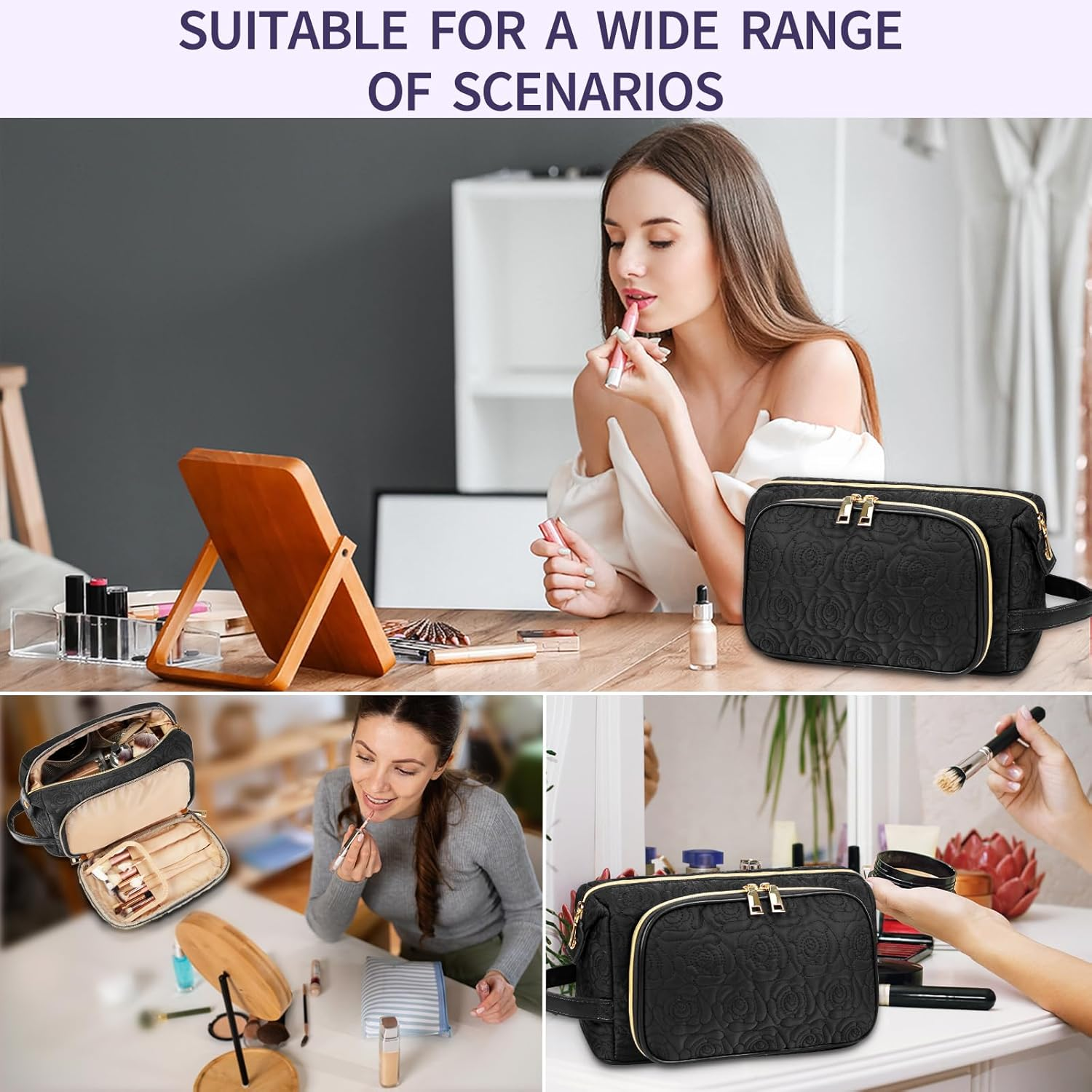 Lubardy Makeup Bag, Large Capacity Cosmetic Bags for Women Waterproof Travel Make up Bag Organizer Polyester Portable Storage Brush Pouch with Handle, Black image number 6