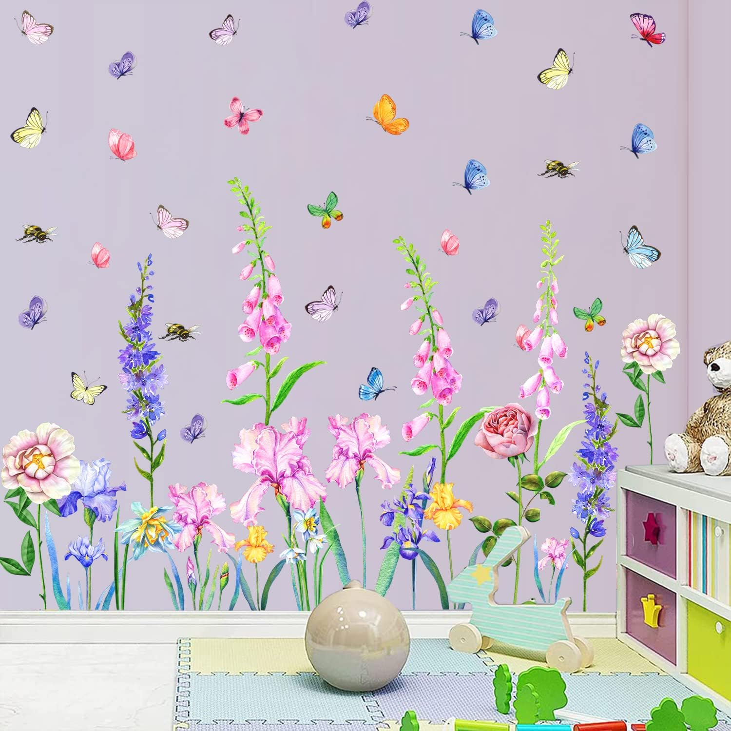 KOKOLAP Garden Flowers Window Clings,Flower Wall Stickers,Iris Florals Window Decals Peel and Stick,Green Leaves Wall Vinyl Decal,Butterfly Bouquet Wall Art Decor for Girls Bedroom Kitchen Living Room - Yellow image number 3