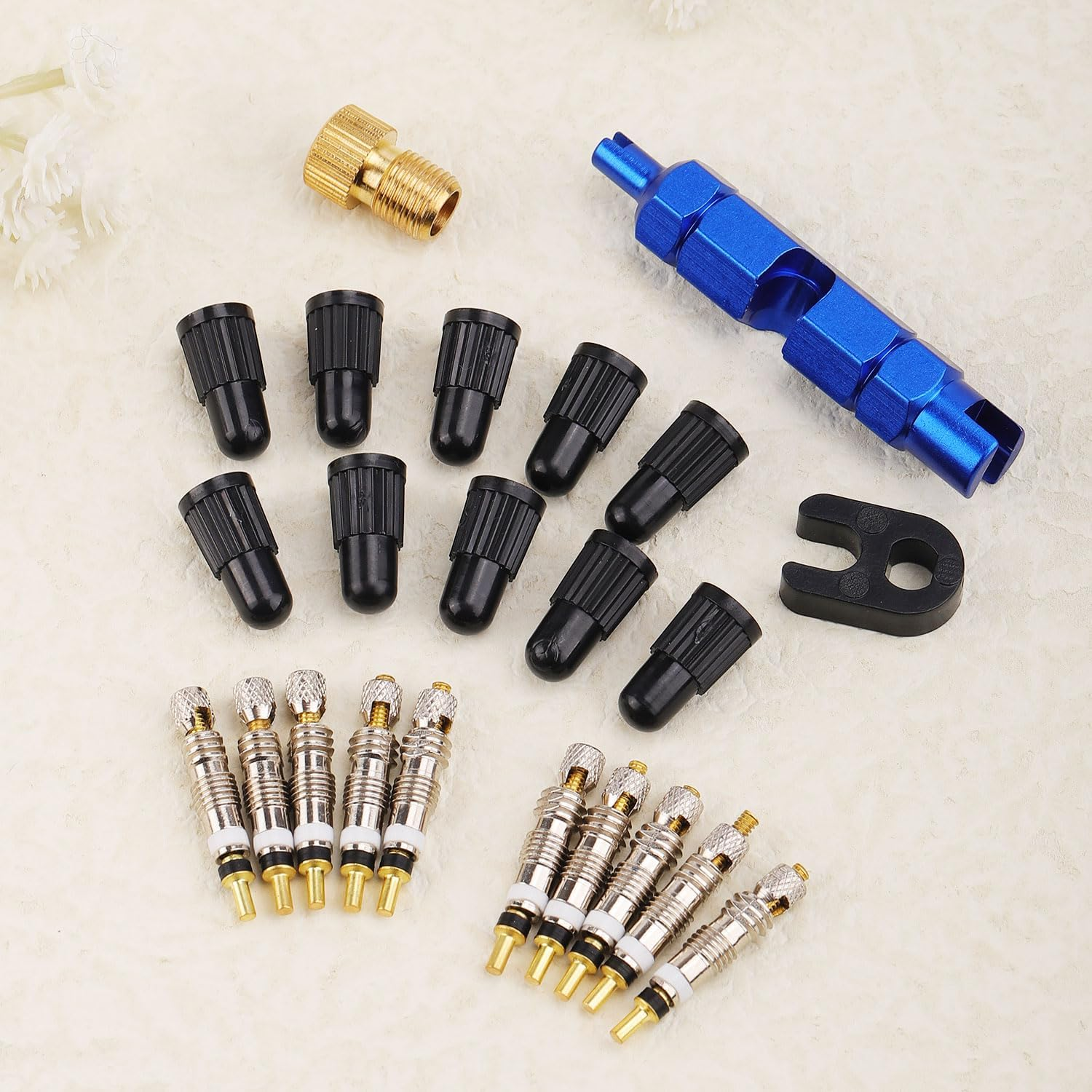 XIHIRCD Valve Core Repair Kit, 10Pcs Valve Cores & 10Pcs Valve Caps with Wrench Brass Joint Disassembler Easy to Replace Valve Core Bike Replacement Kit image number 5