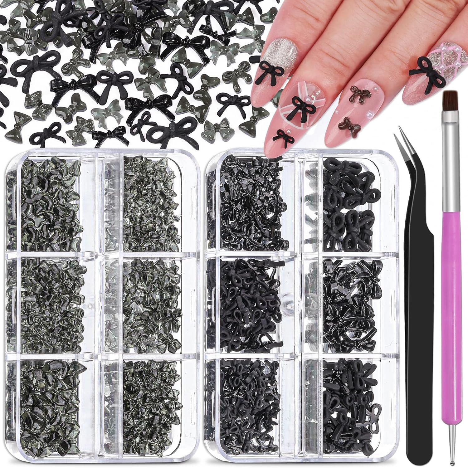 2 Boxes 3D Bow Nail Charms, Red Mini Bow Charms Transparent/Solid Resin Bow with Pickup Tools for Women Nail Decorations DIY Craft