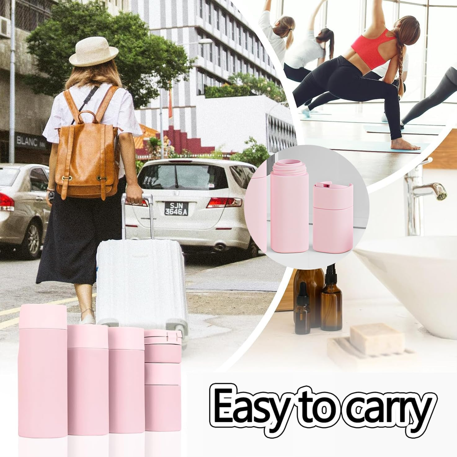 WADY 5 Pack Leak Proof Travel Bottles for Toiletries Set, Refillable TSA Approved Size Containers with Clear Bag for Shampoo, Conditioner, Lotion, Portable and Convenient (Pink) - Gray image number 4