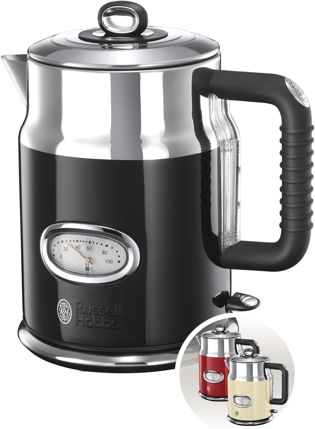 Russell Hobbs Kettle [1.7 L, 2400 W] Retro Red and Polished Stainless Steel (Quick Boil Function, Water Temperature Display in Retro Design, External Water Level Indicator) Vintage Tea Maker 21670-70