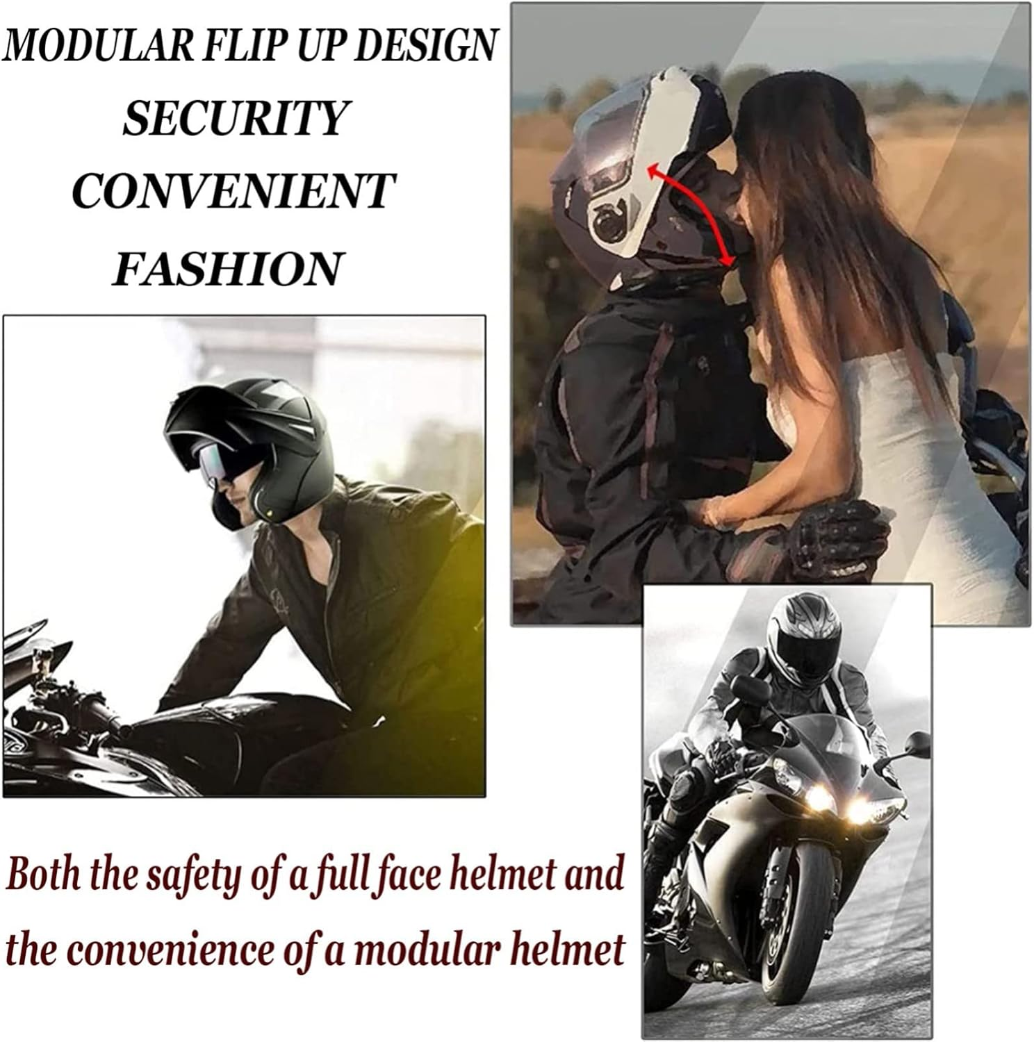 Lightweight Modular Motorcycle Helmet, Front Flip up Motorbike Helmet for Men and Women, DOT Certified Full Face Integrated Protective Helmet, HD Double Visor, Scooter, Moped B,M(55-56CM) image number 1