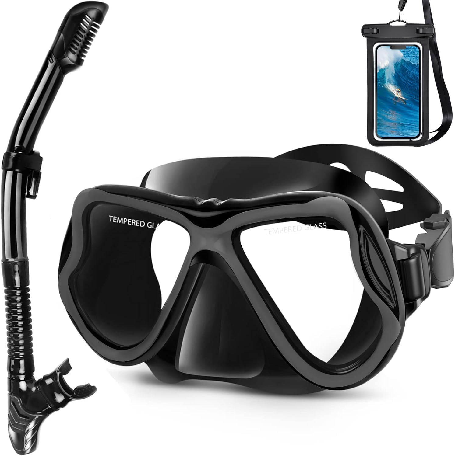 Diving Mask, Dry Top Snorkel Set, 180&deg; Panoramic Wide View, Anti-Fog Scuba Diving Mask Goggles Tempered Glass, Professional Snorkeling Gear with Waterproof Phone Pouch for Adults and Youth image number 4