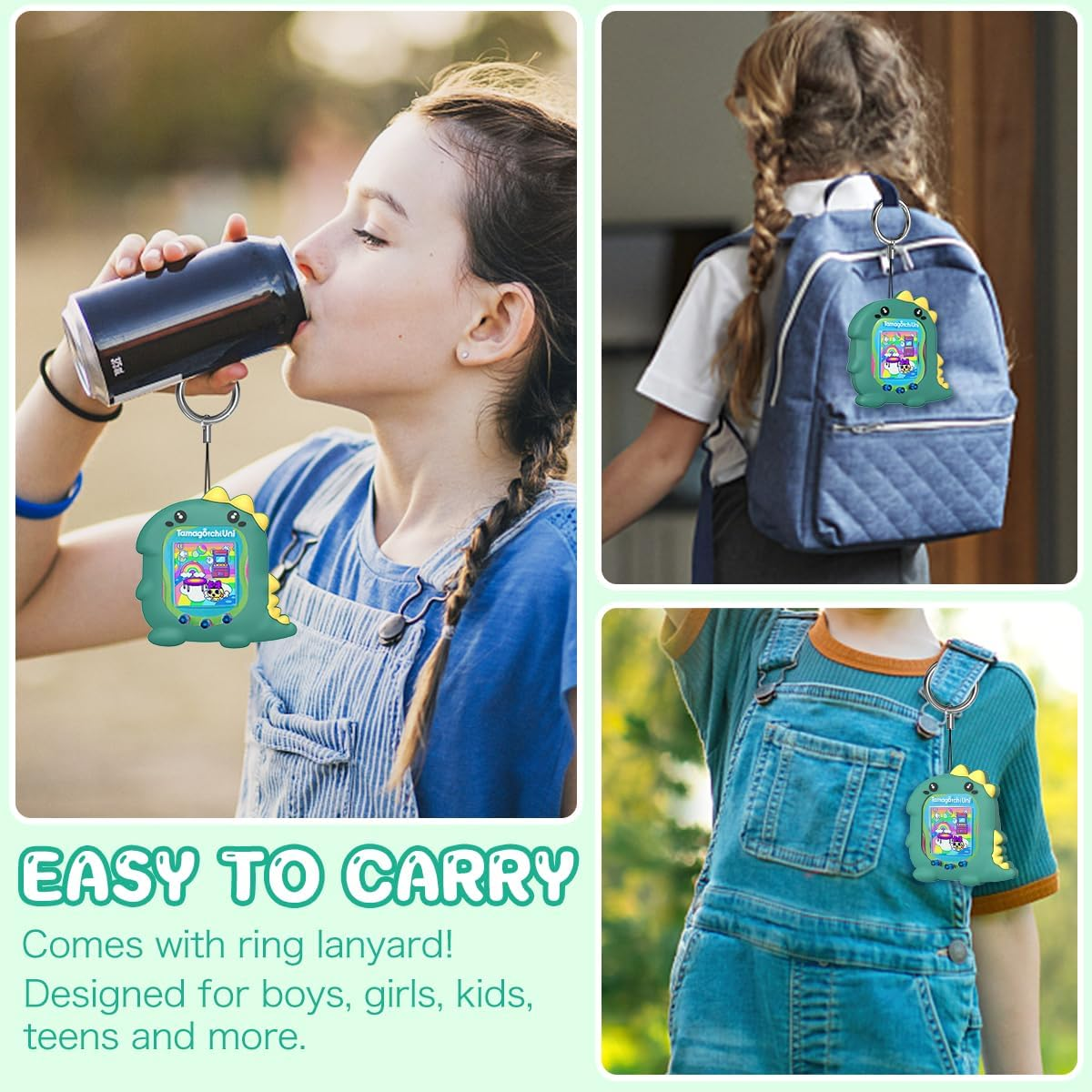 BEARDDO Silicone Case Compatible with Tamagotchi Uni Case, Cute Cartoon Green Dinosaur Virtual Pet Game Machine Protector Cover for Tamagotchi Uni Accessories with Ring Lanyard (Green Dino) - Cow image number 7