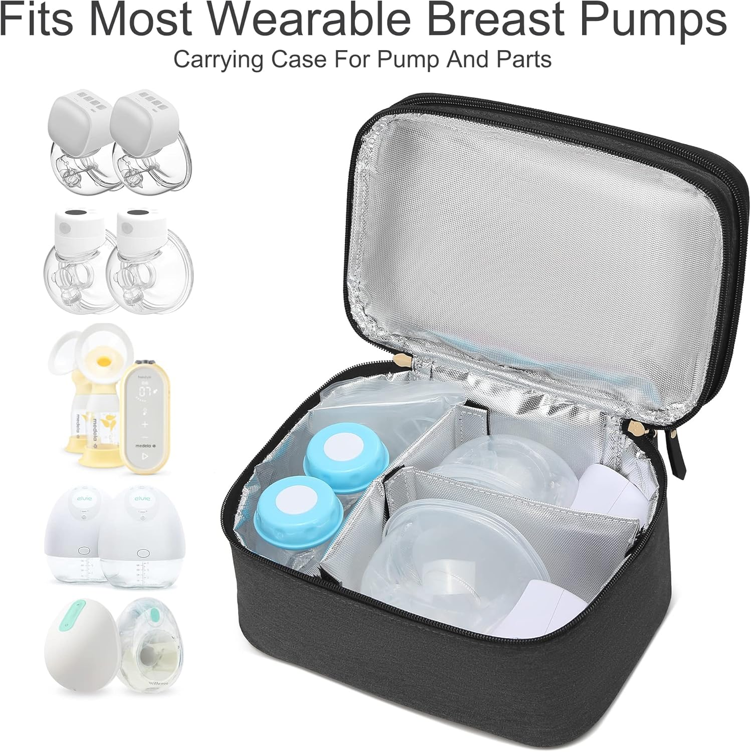 QIUXQIU Breast Pump Bag for Hands-Free Wearable Breast Pumps、Bottles,Pump Parts, and Storage Bag，Tote Bag，Multi-Function Breastmilk Cooler Bag Insulated Bag(Black) - Black+Ice Pack image number 2