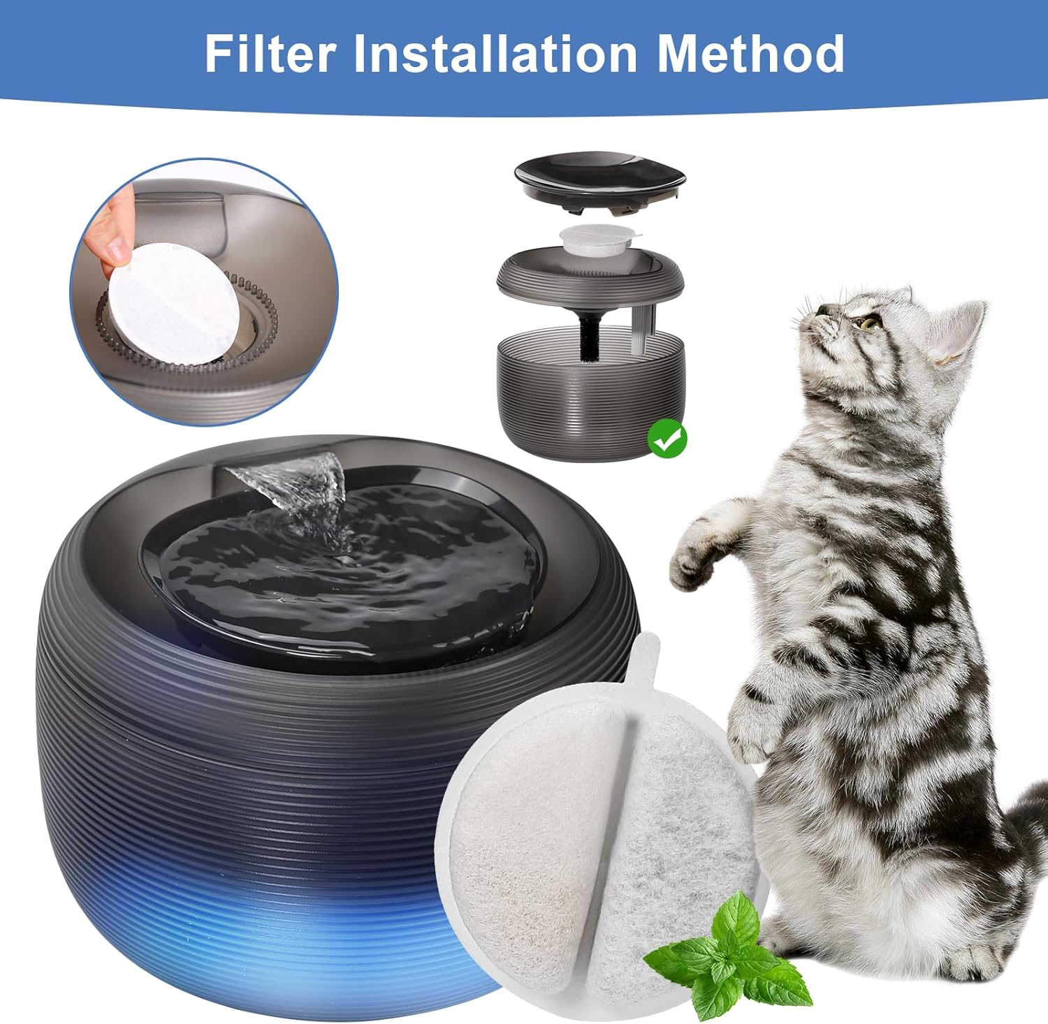 Pack of 6 Cat Fountain Filters & 12 Sponge Filters, Ordaspet Filter Cat Fountain with Carbon Filter and Foam Filter for 2.5 L Drinking Fountain for Cats and Dogs image number 2