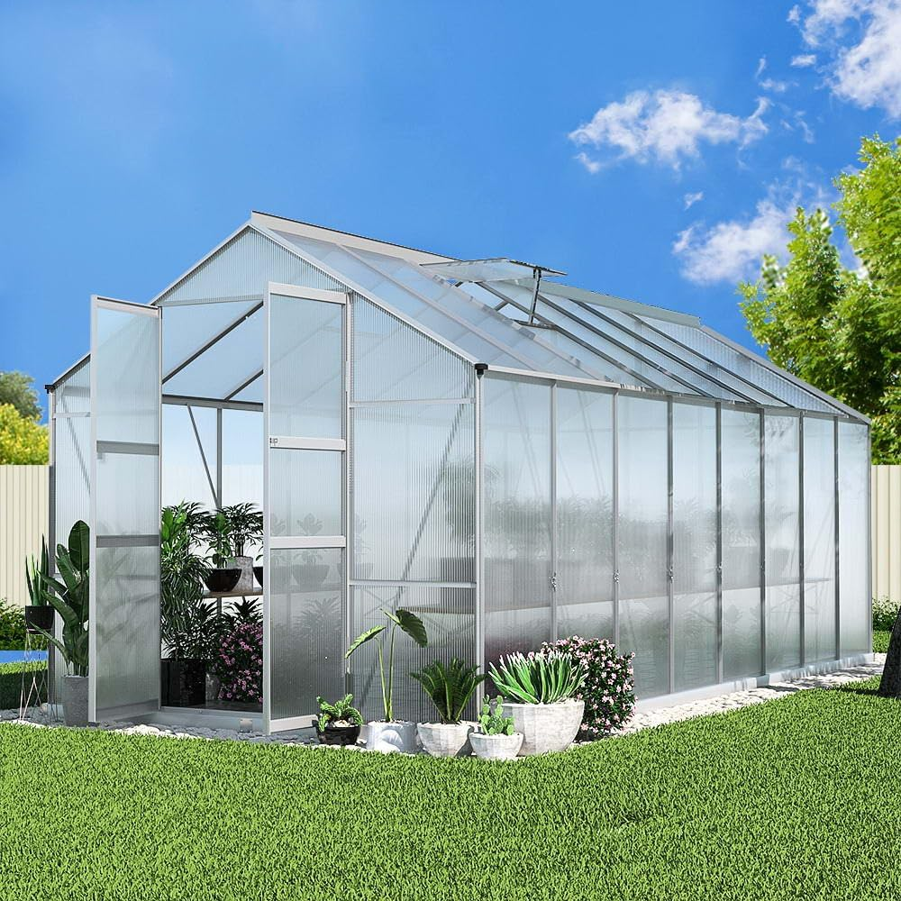 Green Fingers Aluminium Polycarbonate Walk-In Greenhouse 470X250X226Cm with Lockable Door, Ventilation Roof, Drainage System &ndash; Ideal Garden Shed for Plants, Tools & Outdoor Storage