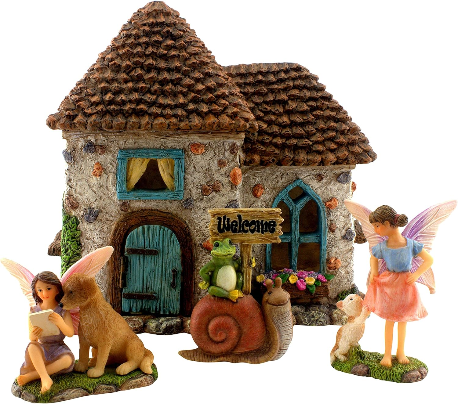 PRETMANNS Fairy Garden House Kit - Accessories with Miniature Fairies & Welcome Sign &ndash; Fairy House Is 6&rdquo; High &ndash; Fairy Garden Supplies 4 Pieces image number 5