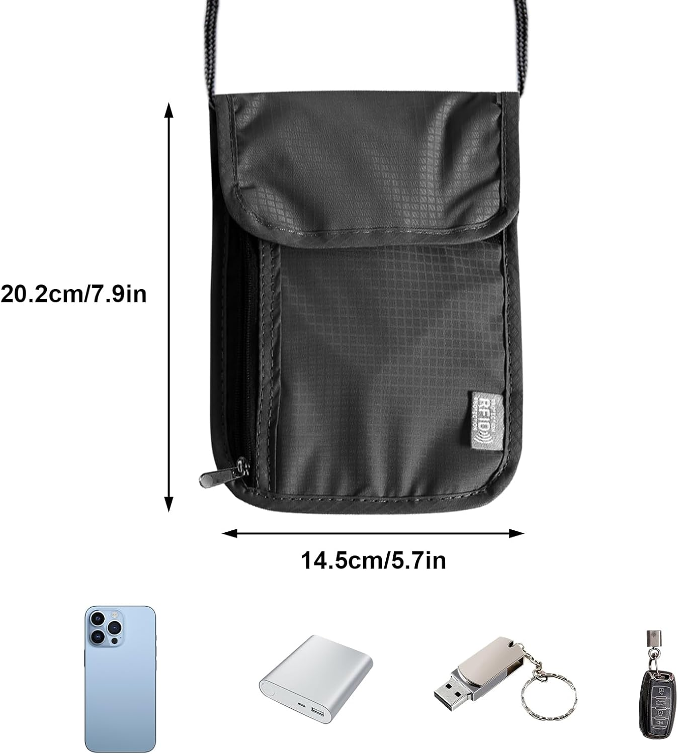 Huotflame Neck Pouch with RFID Protection - Waterproof Nylon Travel Wallet for Passport, Credit Cards & Mobile Phone - Anti-Theft Chest Pocket 19 X 14 Cm Black for Men & Women When Travel image number 4