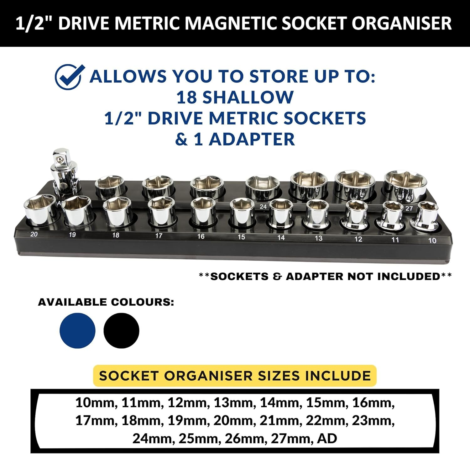 Magnetic 1/2&rdquo; Socket Organiser, Shallow Socket & Adapter Holder Kit, Socket Trays, Holds 19Pcs Sockets & Adapter (Sockets Not Included), Best Tool Storage Solution (Blue, 1/2"-19 Slots) image number 6