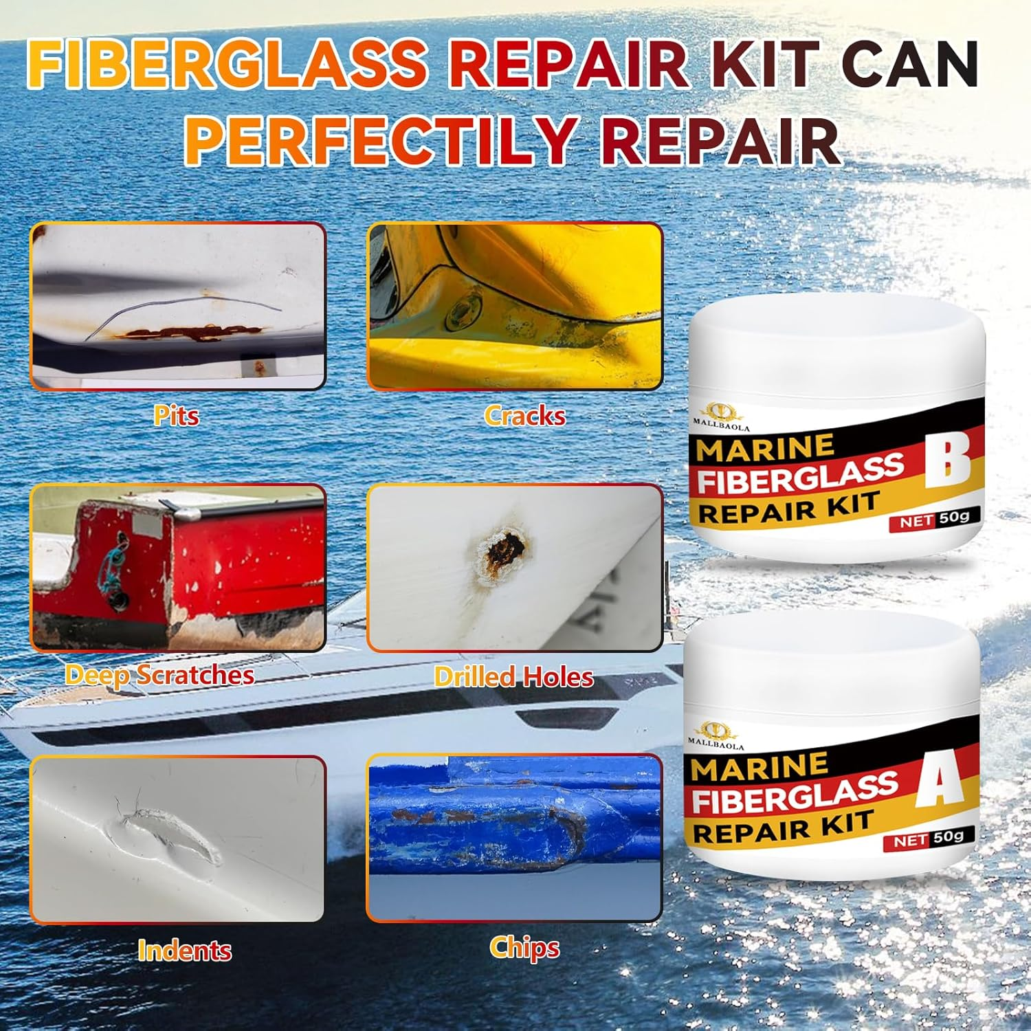 Marine Fiberglass Repair Kit for Boats, Gel Coat Repair Kit for Boats, Fiberglass Boat Repair Kit, Epoxy Filler for Fiberglass Boats, Fiberglass Kit Fix Holes Chips Pits and Deep Cracks (Color Match) image number 5