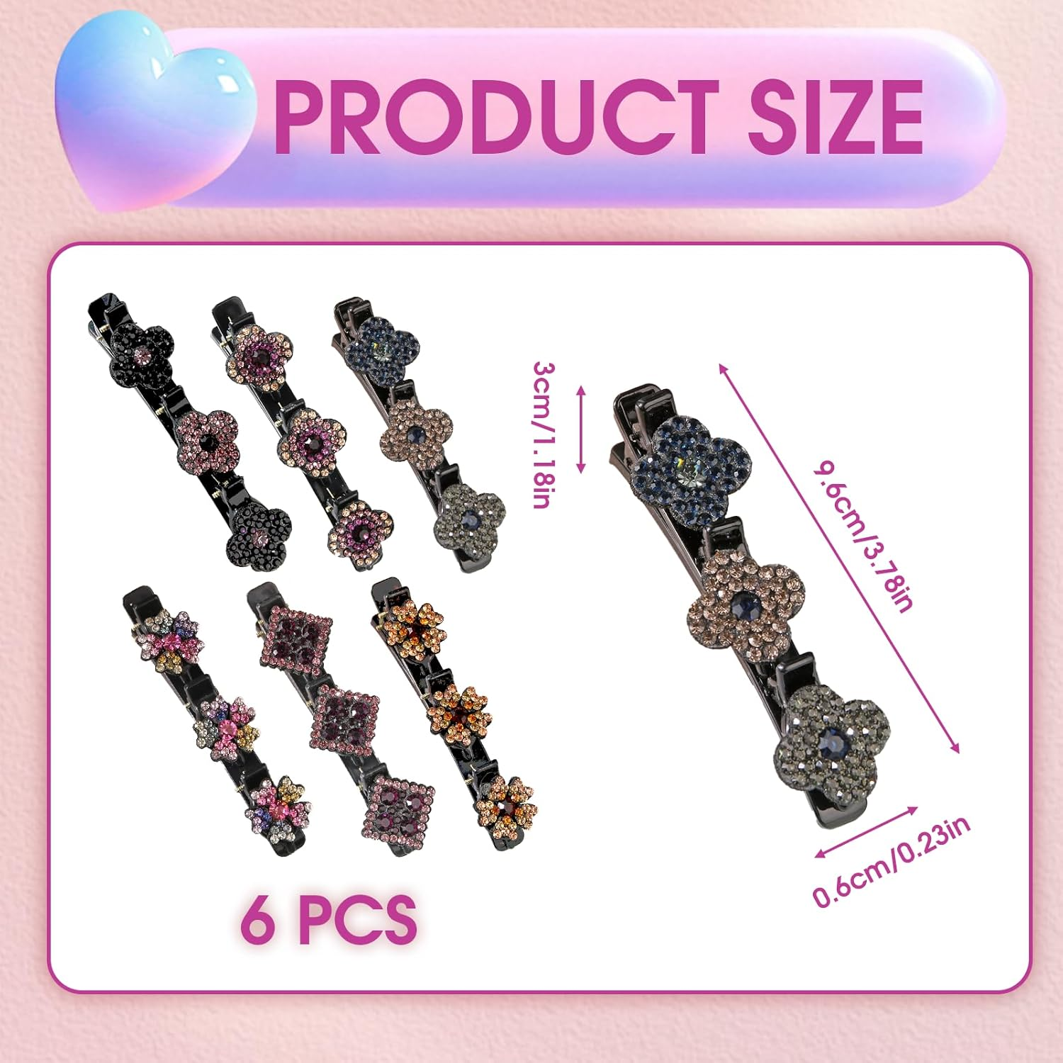 Pack of 6 Braided Hair Clips, Crystal Flowers Sparkling Double Layer Hair Clips Robust Stylish Hair Accessories Duck Beak Hair Clips for Women Girls for Everyday Party Updo image number 3