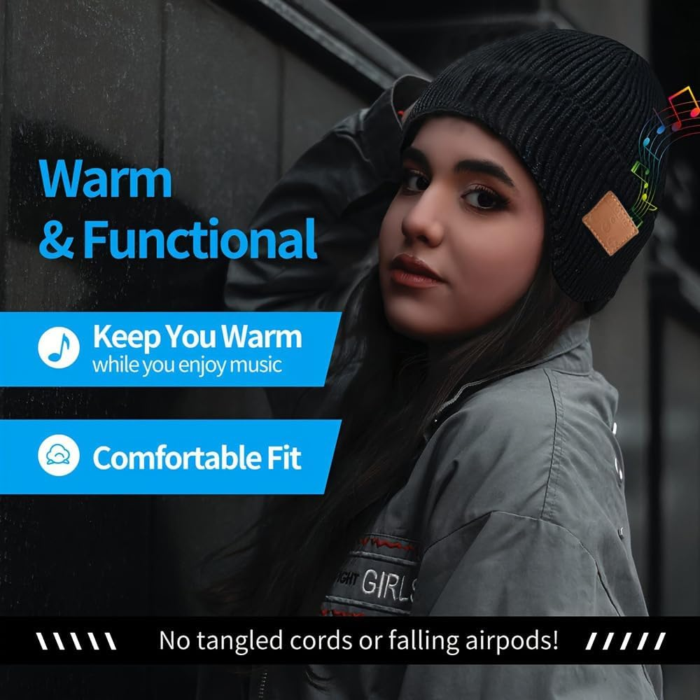 Lezhifeiwan Bluetooth Beanie Winter Hat with Built-In Wireless Headphones, Black, Music Controls, Warm Knit Cap for Sports and Outdoor Activities image number 4
