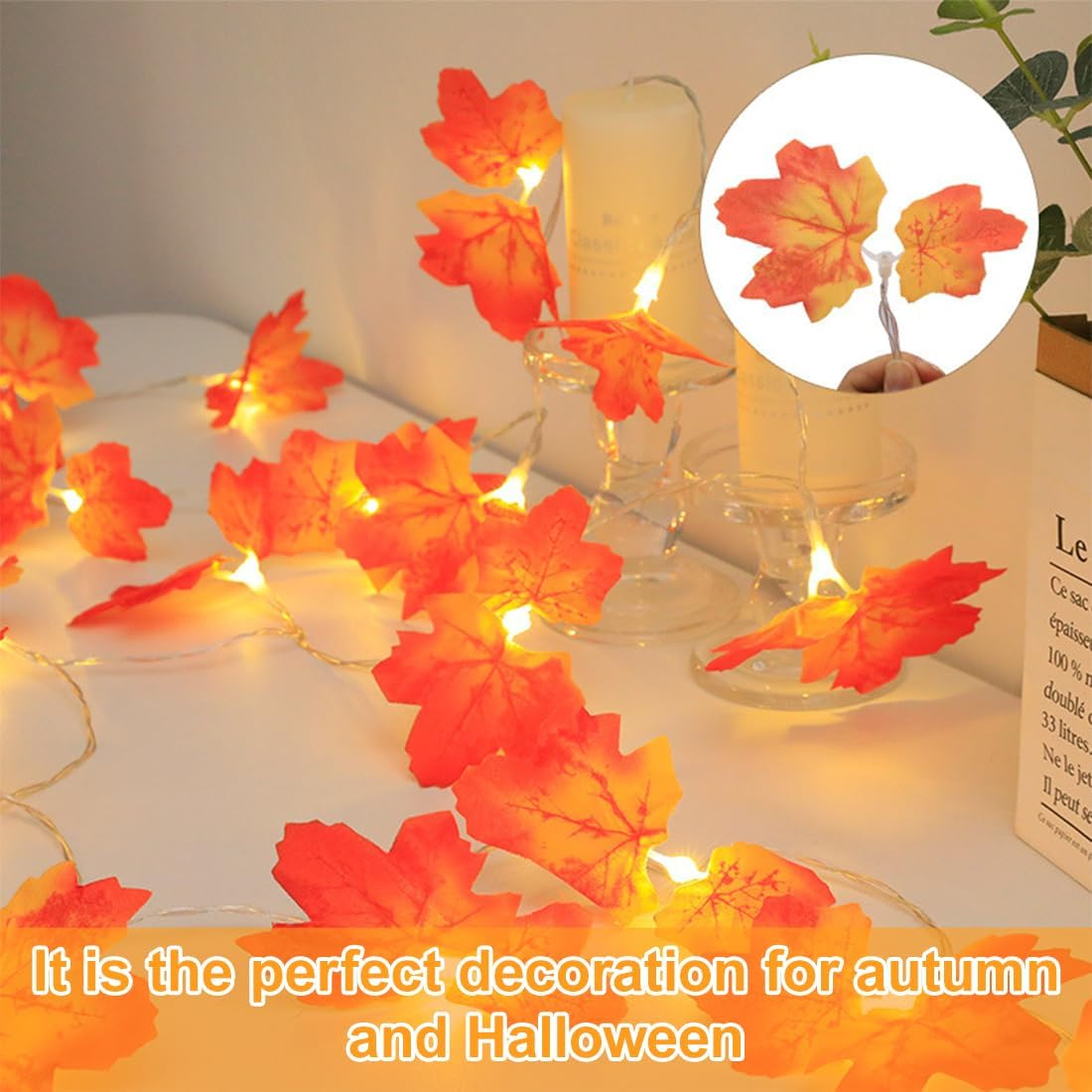 WUSJCOF 20 LED Autumn Decorative Fairy Lights, Halloween Fairy Lights, Maple Leaves Fairy Lights for Halloween, Autumn Decoration, Thanksgiving, Christmas image number 1