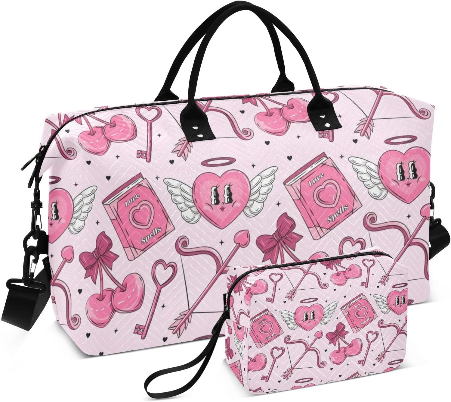 Peach Heart Cupid Personal Item Travel Bag Travel Weekender Gear Bag Gym Tote Bag with Toiletry Bag for Trekking 2 Pcs Set, Peach Heart Cupid, 1 Size image number 1