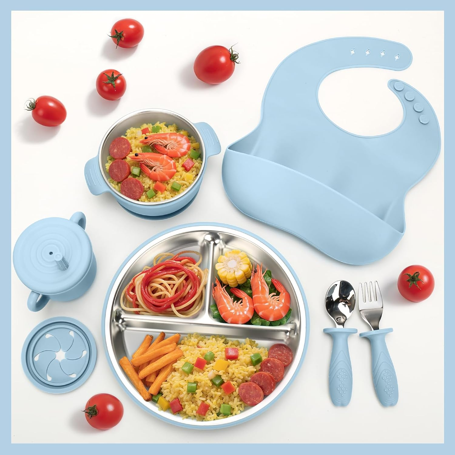6-Piece Baby Stainless Steel Feeding Set - Bowl, Plate, Cup, Spoon, Fork & Bib | 100% Food-Grade 304 Steel with Removable Silicone Sleeves | Dishwasher-Safe Toddler Tableware (Blue) - Blue image number 3