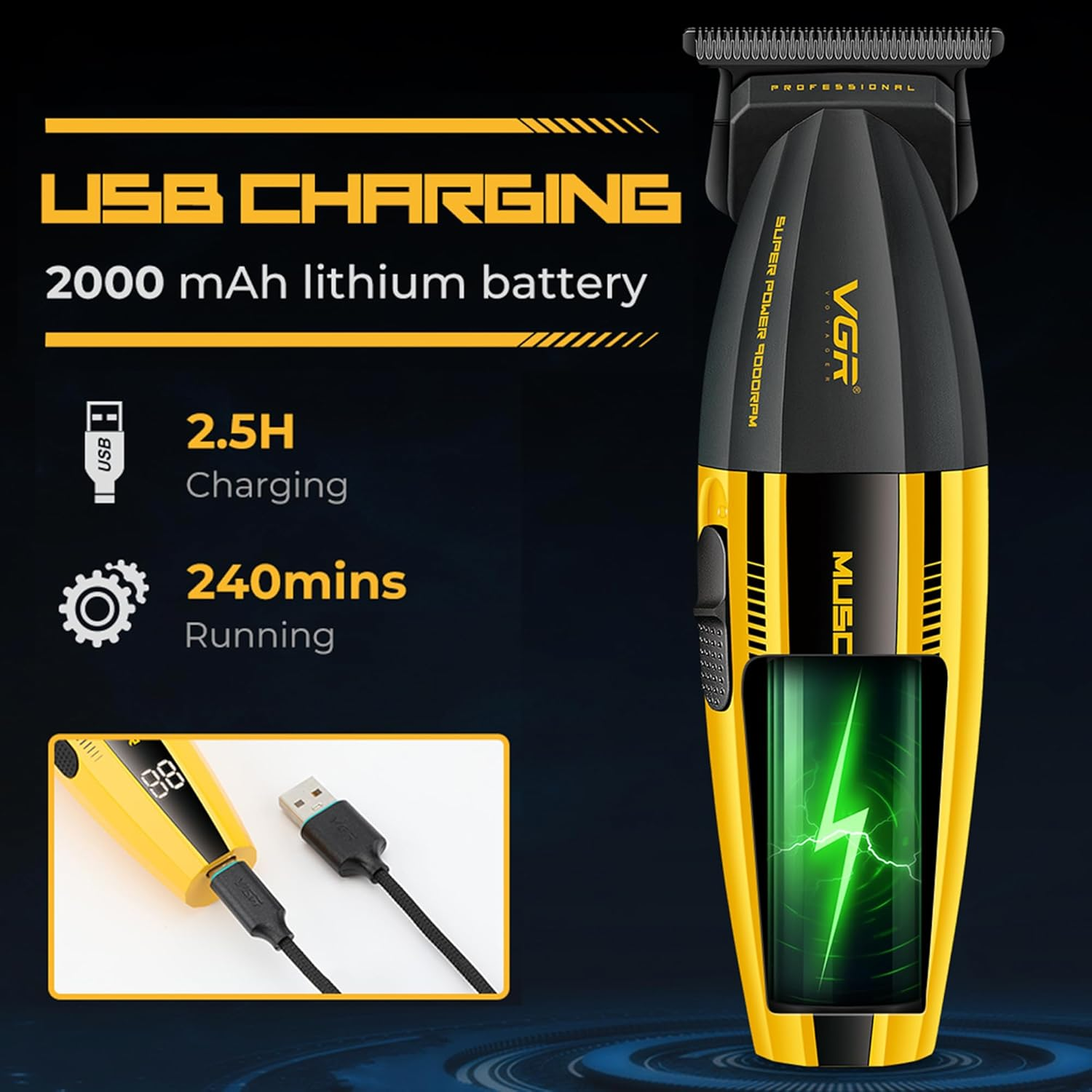 VGR 285T Small Hair Trimmer for Men, 9000RPM Professional Beard Trimmer for Men, Zero Gapped Ceramic & DLC T Blade Clippers for Hair Cutting, Cordless Hair Clippers Barber Kit with LED Display image number 5