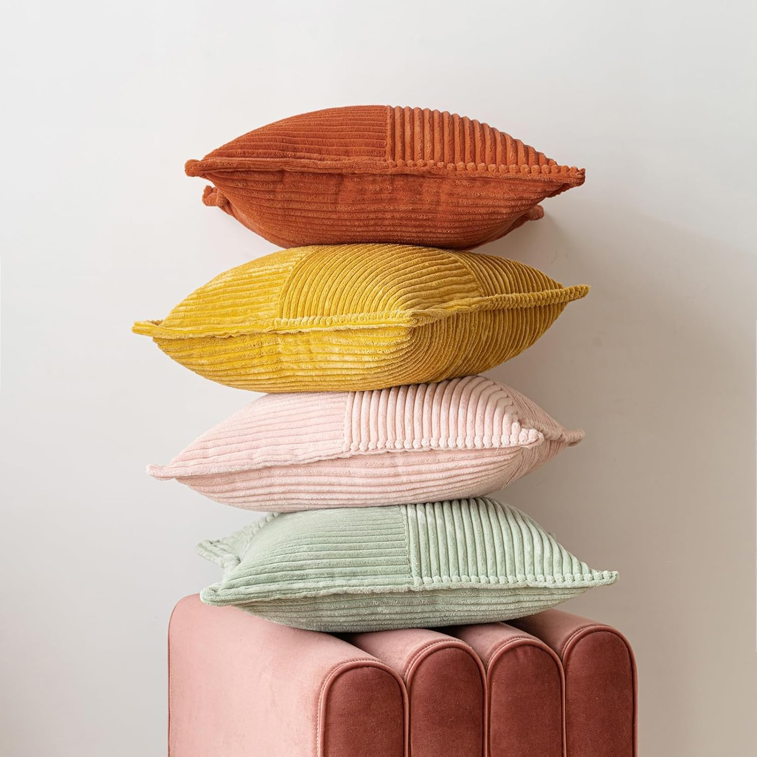 2 Packs Throw Pillow Covers Corduroy,Decorative Lumbar Pillow Covers, JOMWEN Super Soft Boho Striped Cushion Covers for Couch Bed Sofa Livingroom (Rust, 45 X 45 Cm) image number 3