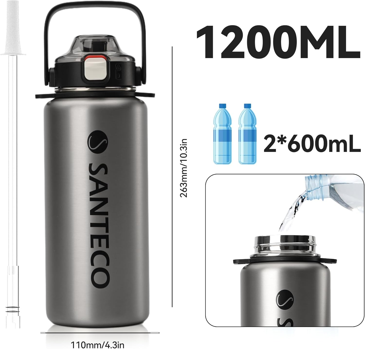 SANTECO 1.2L Vacuum Insulated Sports Water Bottle &ndash; Detachable Shoulder Strap, Leakproof, Keeps Hot 12H/Cold 24H, Wide Mouth with Straw (Silver, Stylish Design for Sports Drinks) - Steel image number 1