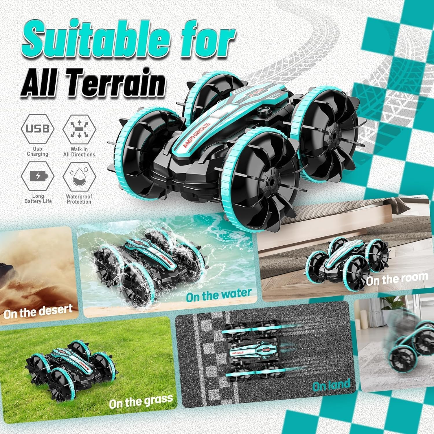 Remote Control Car Amphibious RC Cars for Kids 2.4Ghz Double Sided 360&deg;Rotating 4WD Stunt RC Car Toy Waterproof Boat off Road RC Race Toy Cars for Boys and Girls (Blue) image number 6