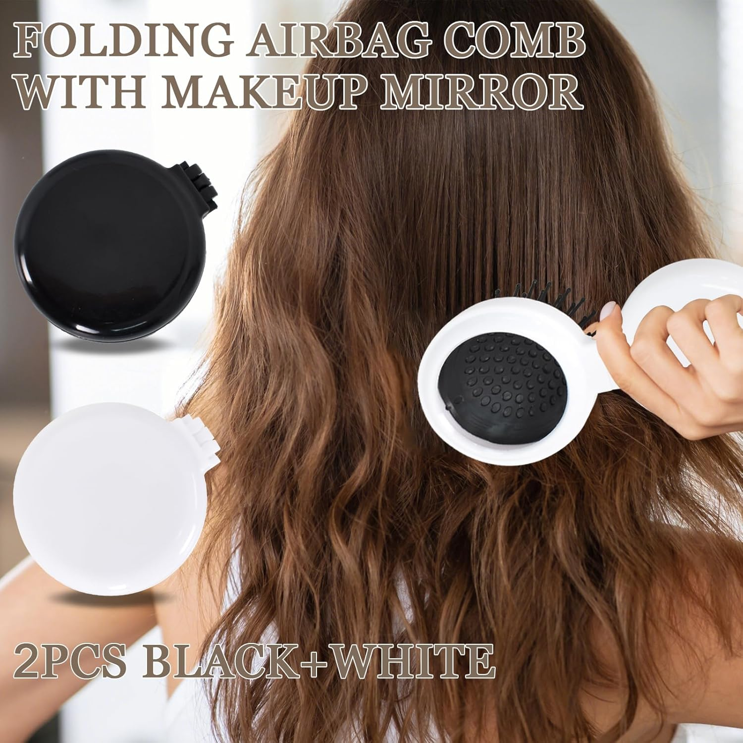 Pack of 2 Foldable Hair Brushes with Mirror, Foldable Hair Brushes with Travel Mirror, Round, Portable Bag, Hair Brush, Mini Hair Comb, Hair Massage Comb for Men, Women and Girls, Black + White image number 2