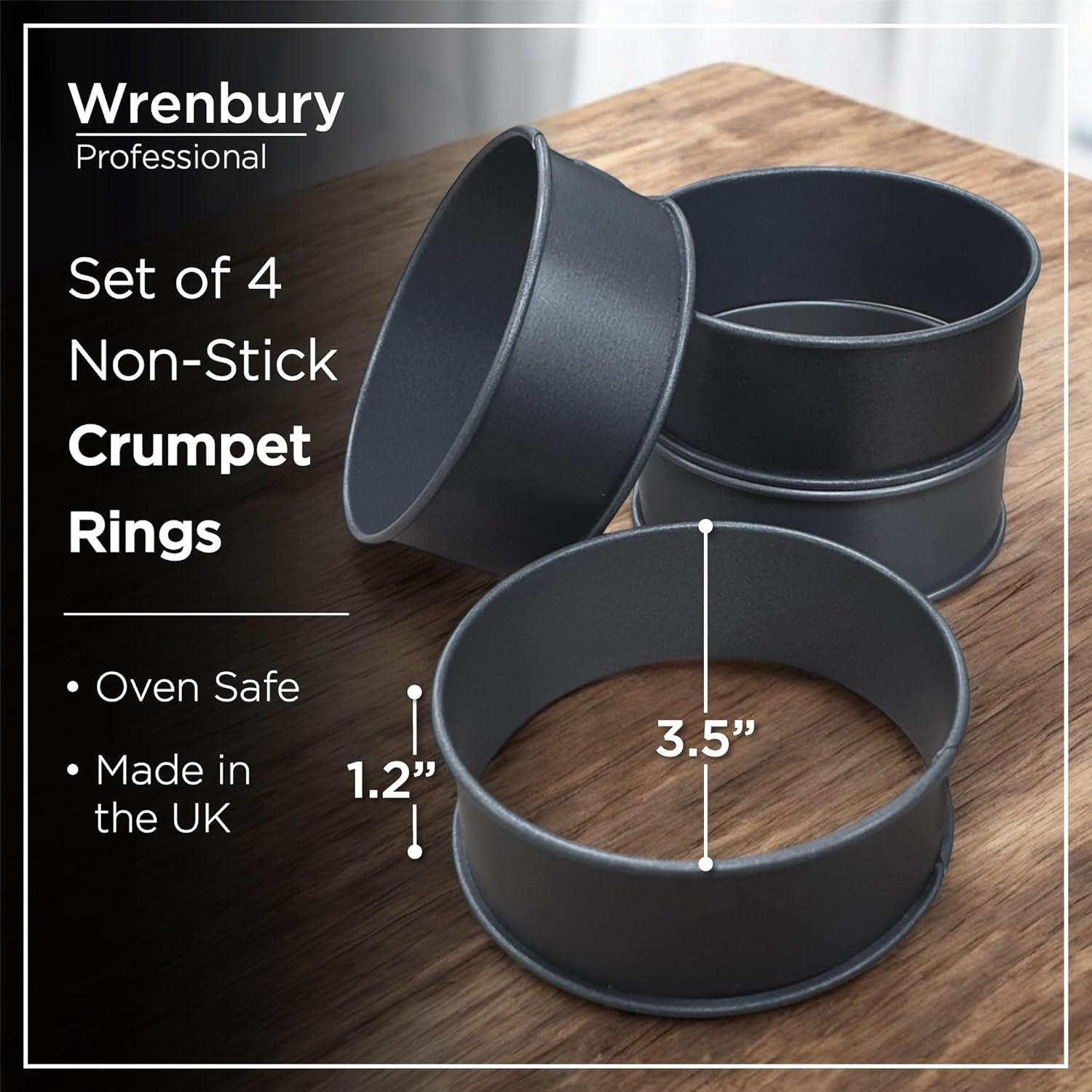 Crumpet Rings Nonstick 3.5" - English Muffin Rings for Fluffy Muffins - Set of 4 Crumpet Molds &ndash; Metal Baking Rings - No Leak Sturdy Egg Ring Set - Made in the UK image number 1