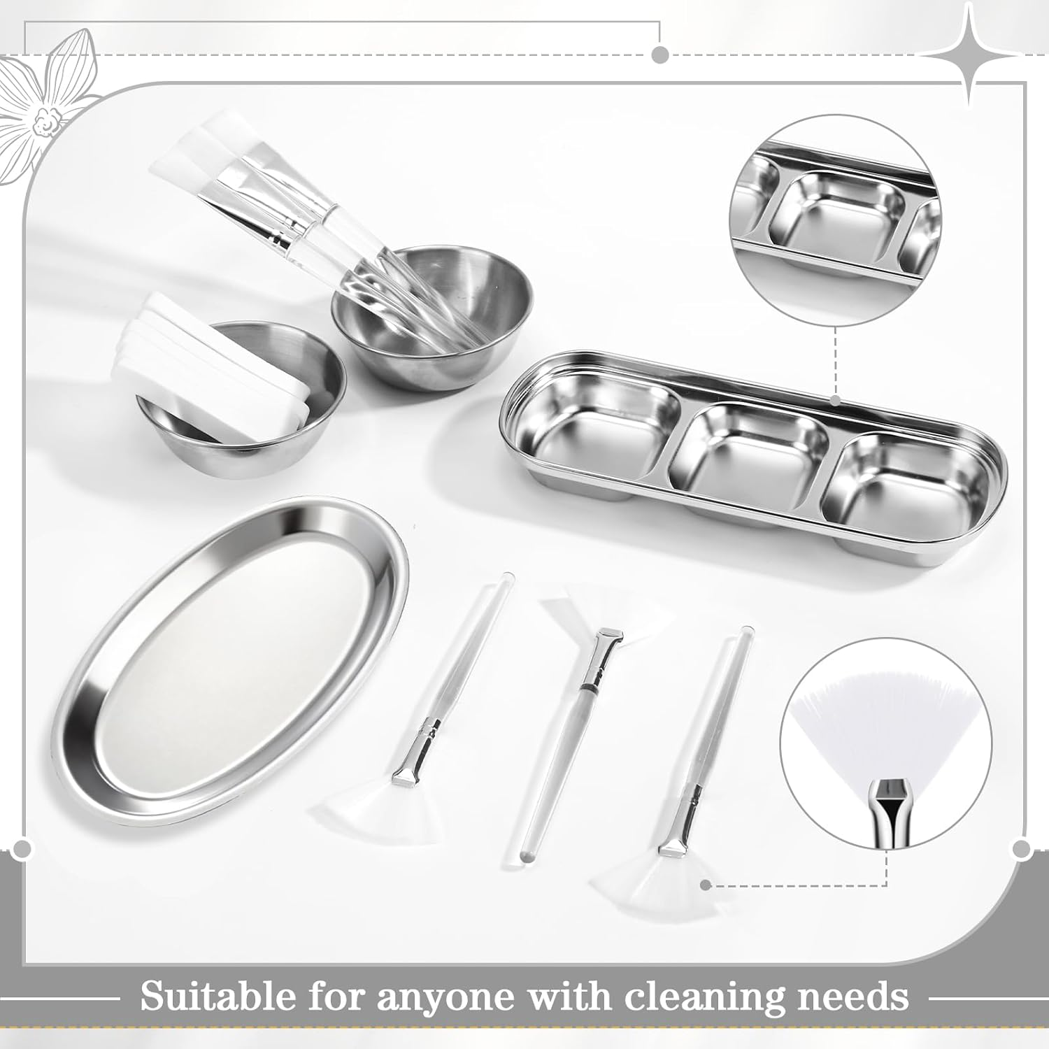 Lemonroad 25 Pcs Esthetician Facial Supplies Set, 3 Stainless Steel Mixing Bowls, 2 Serving Trays, 6 Brushes, 2 Hairbands, 12 Compressed Sponges for Women Facial Mask Spa Home Use (Silver) image number 6