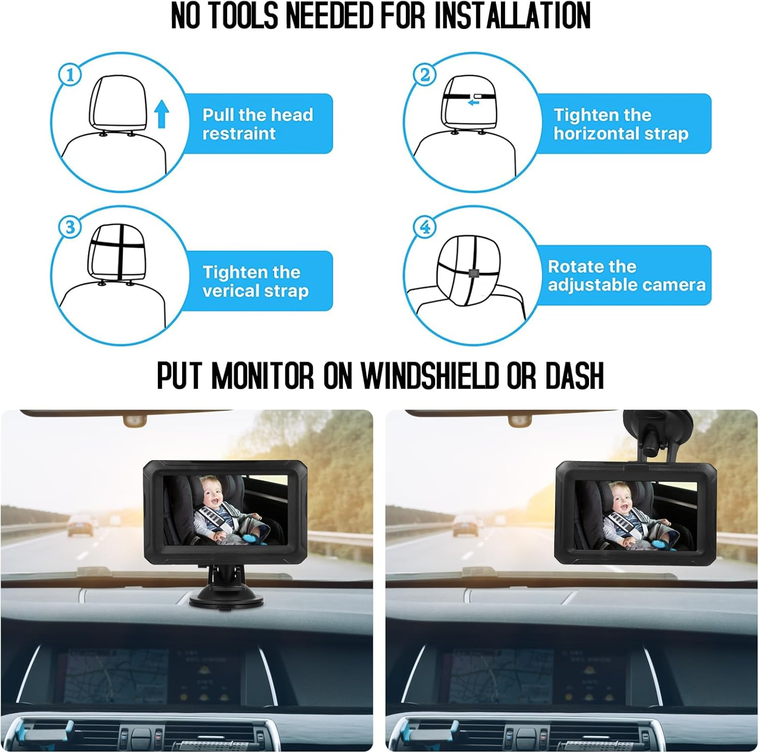 Asixxsix Baby Car Camera HD 1080P, Baby Car Mirror with Camera, USB Plug, 4.3" HD Night Vision Function and 360&deg; Rotation Plug, Facing Car Baby Monitor for Infants Kids Pets image number 2