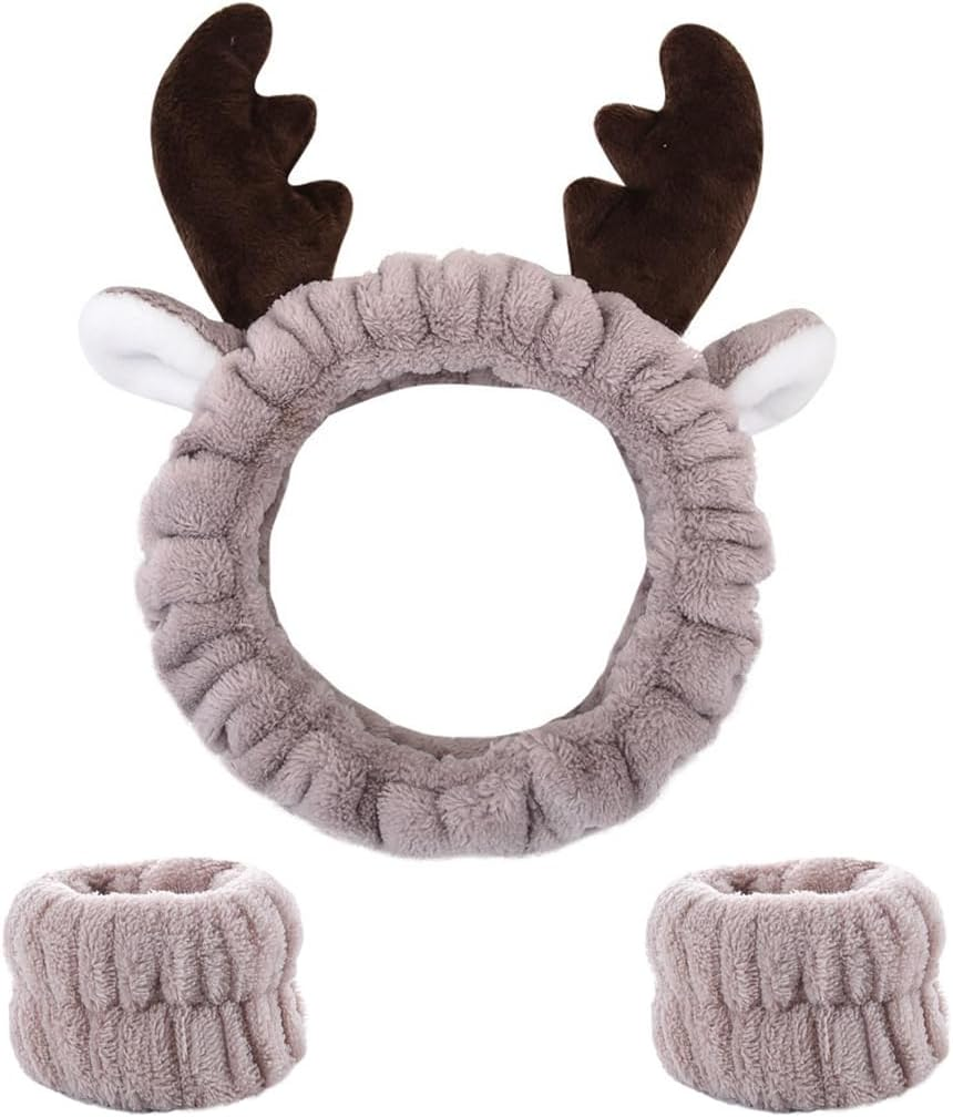 Youery Headband Bracelet Sets Hair Band Makeup Antlers Brown Face Wash Hair Bands Spa Headband Soft Elastic Hair Band Wrist for Girls Face Washing Makeup Shower image number 6