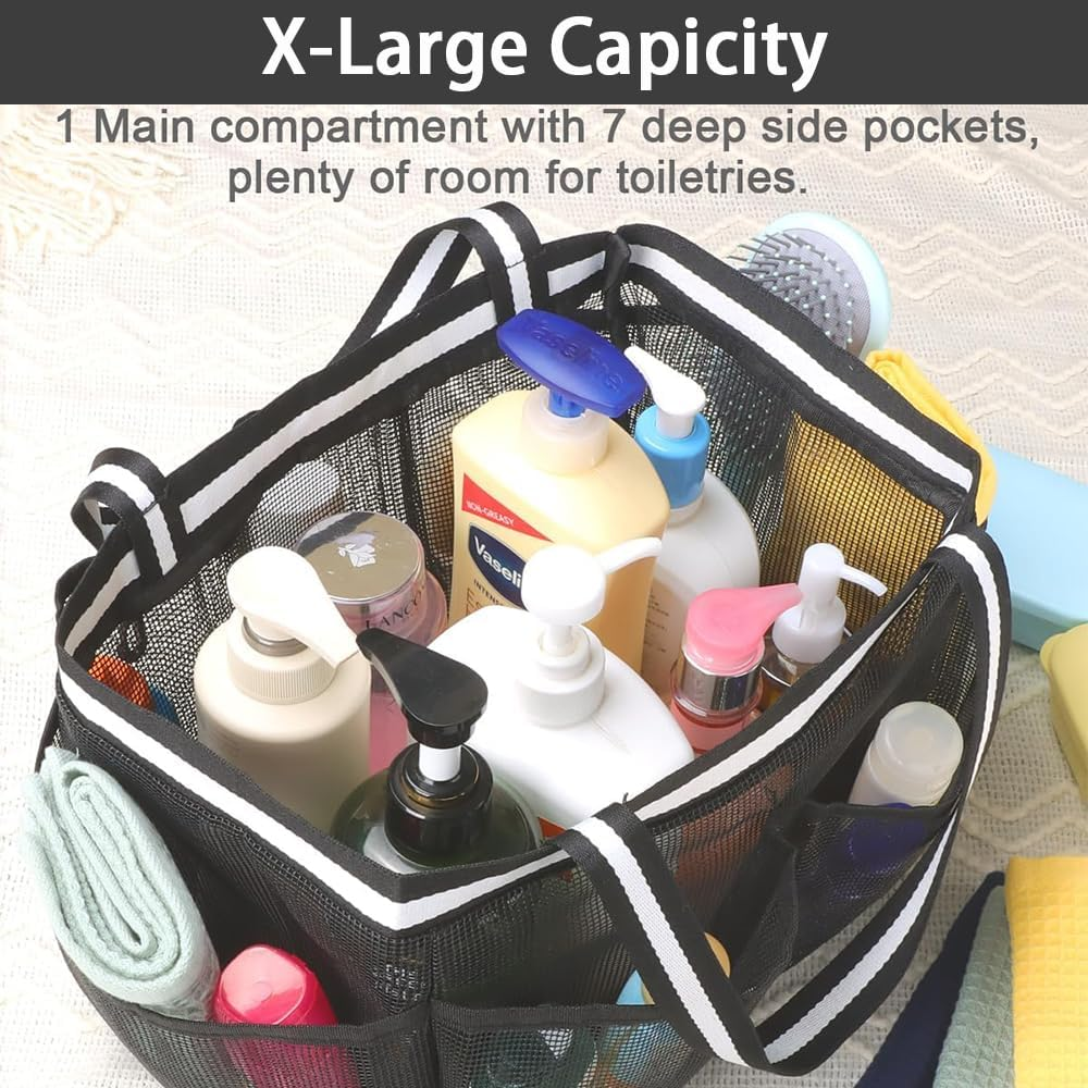 JIUSEGE Mesh Shower Caddy Bag, Portable Quick-Dry Bathroom Shower Basket with Handles, Dorm Room Essential for College, Camping, Travel & Gym, Black image number 5