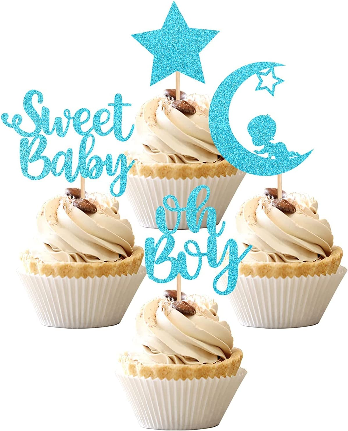 Confetti! 24 PCS Baby Shower Boy Cupcake Toppers with Moon Glitter Star Sweet Baby Boy Cupcake Picks Baby Shower Kids Boys Birthday Party Cake Decorations Supplies Blue - Sweet Baby Boy image number 6