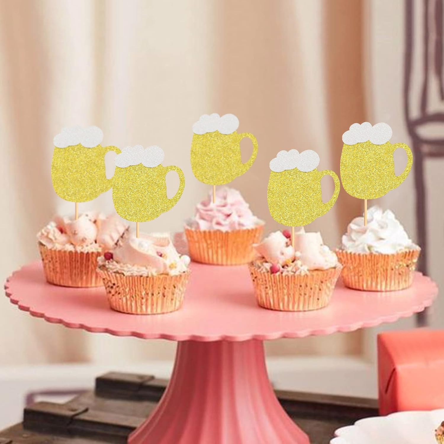 24 Pack Beer Mug Cupcake Toppers Cheers Beer Mug Cupcake Picks for Cheers Beer Festival Birthday Wedding Anniversary Party Cake Decorations Supplies image number 5