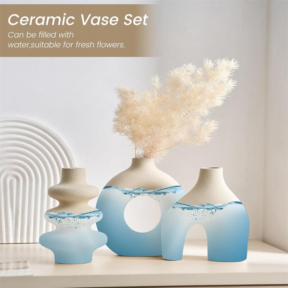 White Ceramic Vase Set of 3,Minimalist Nordic,Whiter Ceramic Hollow Donut Vase Decor,Modern Boho Vases for Decor,Round White Vases Centerpieces for Living Room Bedroom Coffee Table Dinner Table image number 6