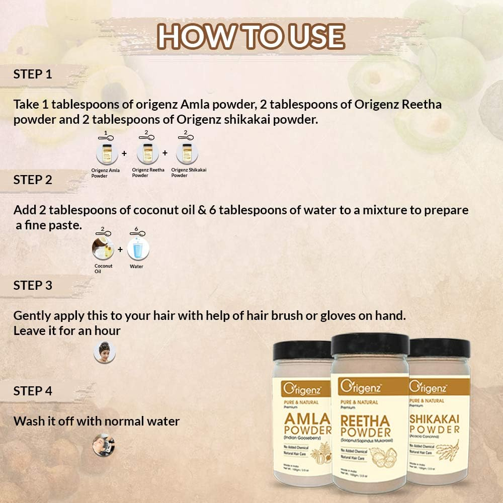 Origenz Reetha, Shikakai and Amla Powder Combo Pack for Hair Care, Wash, Healthy Scalp, Nourishment, Mask, Helps to Control Dandruff, Hairfall | Natural Cleanser | Indian Gooseberry | Sapindus Mukorossi | Acacia Concinna | 300Gm image number 4