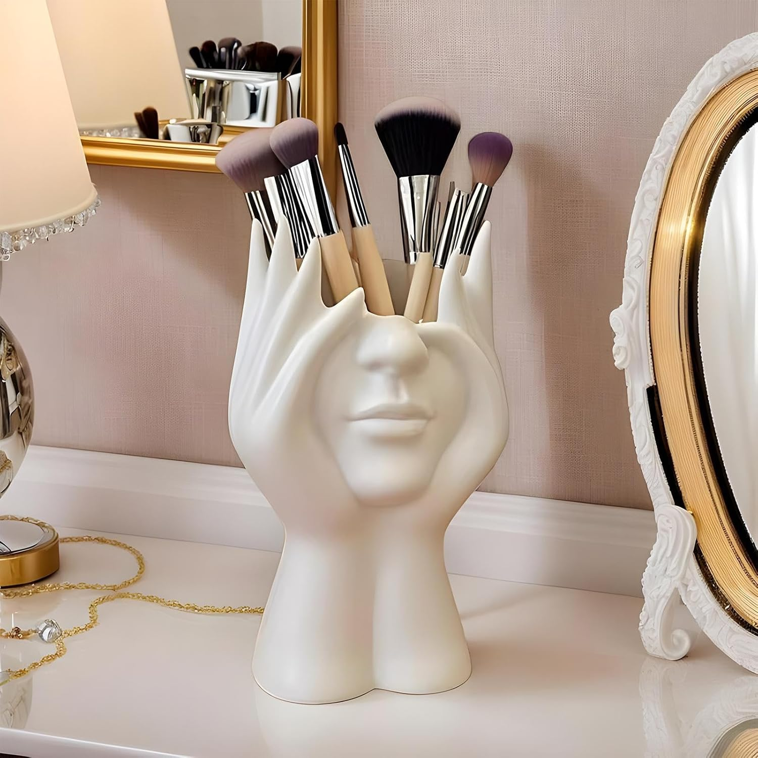 Abstract Facial Makeup Brush Holder, Face Hand Design Make up Brush Organizer, Decorative Dresser Receiver, Bohemian Modern Elegant Station for Bathroom Dorm Home Desktop Organization image number 5