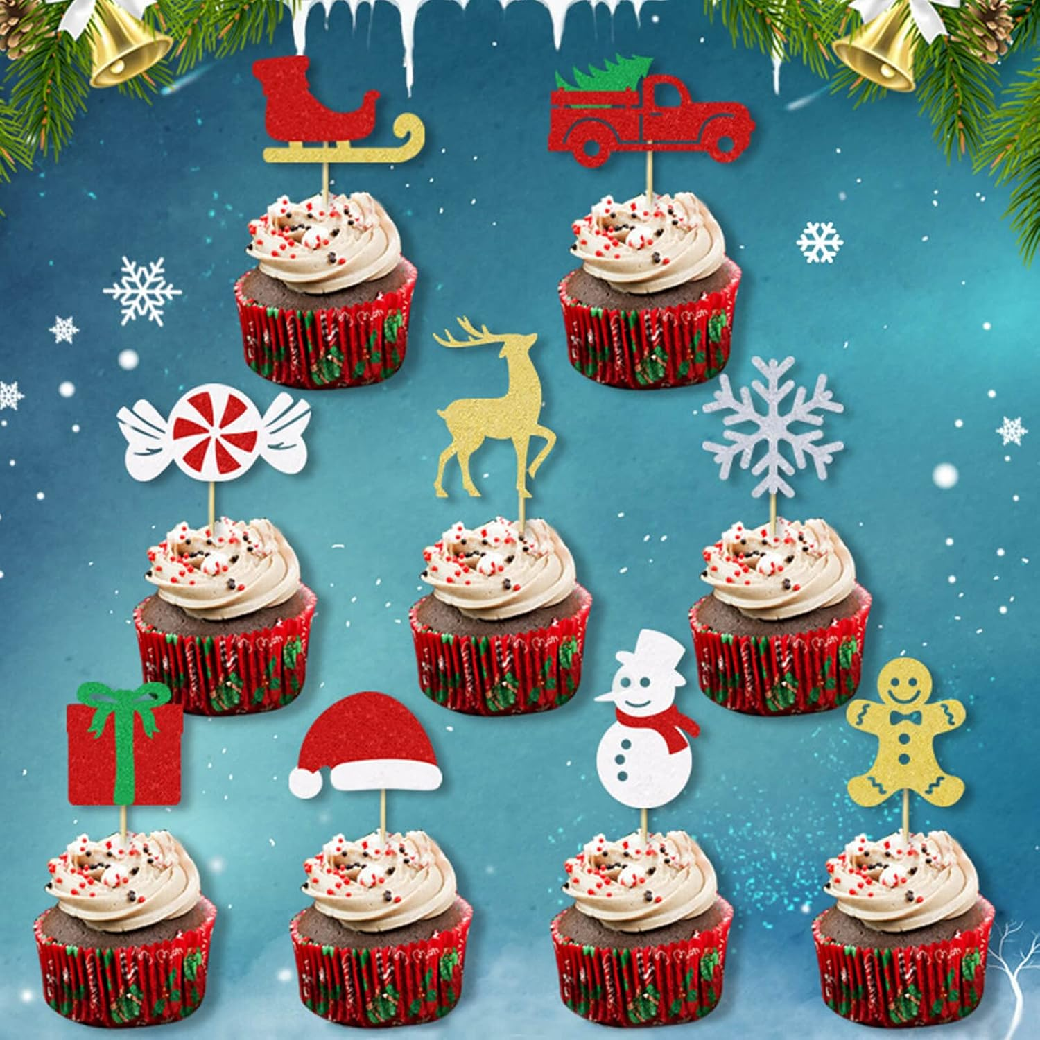 18Pcs Christmas Cupcake Toppers Glitter Christmas Hat Tree Candy Snowflake Snowman Deer Sled Gift Cupcake Picks Merry Christmas Theme Happy New Year Holiday Party Decorations Supplies image number 2