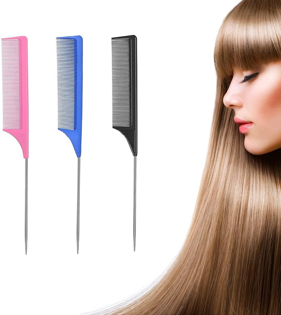 Rat Tail Combs with Heat Resistant Carbon Fiber Fine Tooth and Stainless Steel Handle Pin Design for Pintail Hair Parting Teasing image number 2