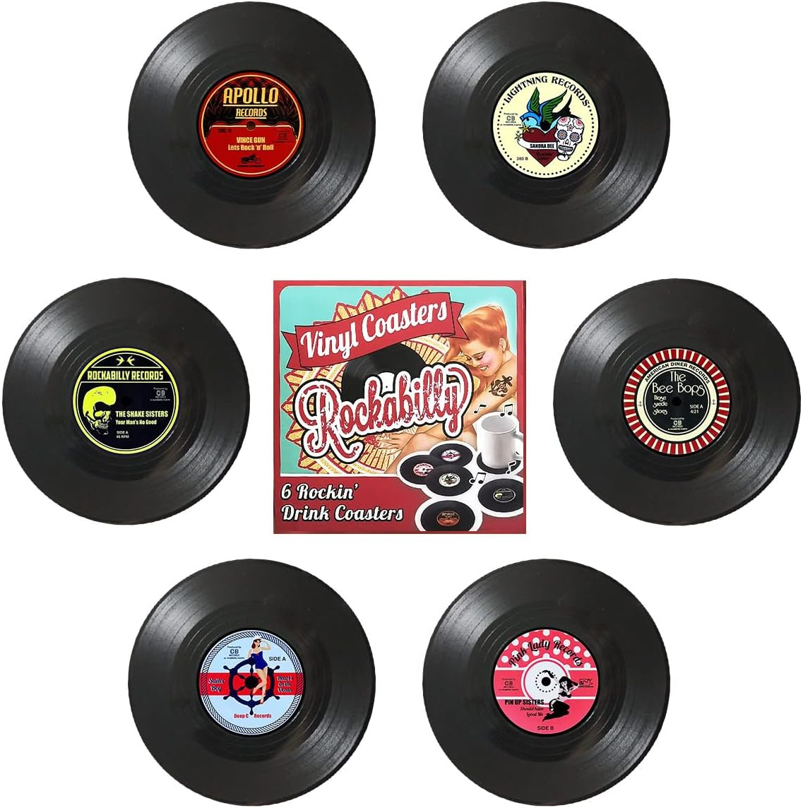 Miss Rui Retro CD Vinyl Record Coasters Set of 6, Personalised Heat Insulation Non-Slip Tabletop Protection Cup Mat for Coffee Tea Beer Mug Drink Tableware Home and Bar