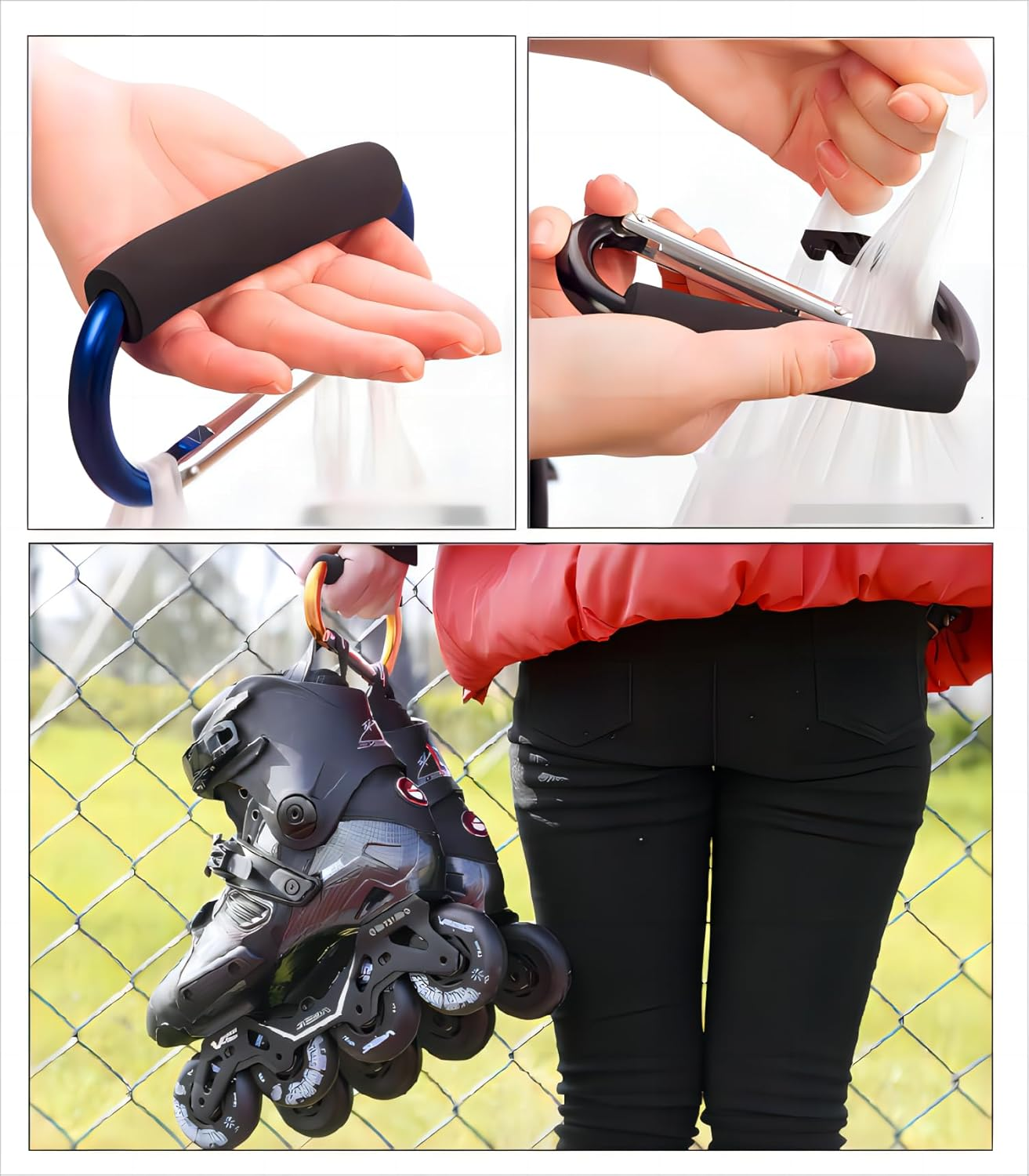 Noneea 3PCS Stroller Hooks Large Carabiner Clip - Carabiner Large, Baby Stroller Hooks for Hanging Bags, Stroller Accessories(Blue)