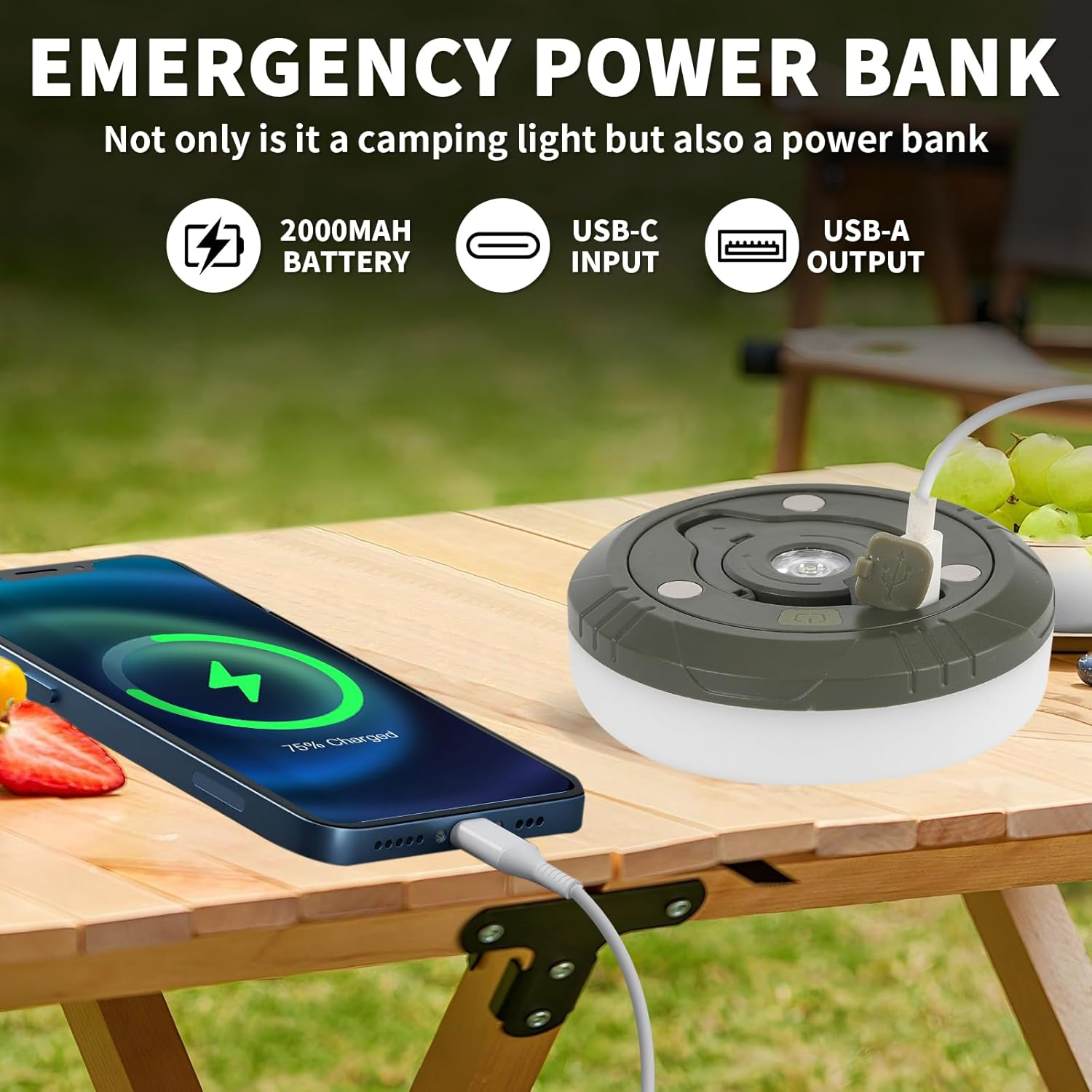 10M Camping String Lights Waterproof Outdoor with 8 Modes, USB-C Rechargeable 2000Mah Battery, Magnetic & Hanging Fixing, Quick-Reel Storage for Tent Hiking Emergency