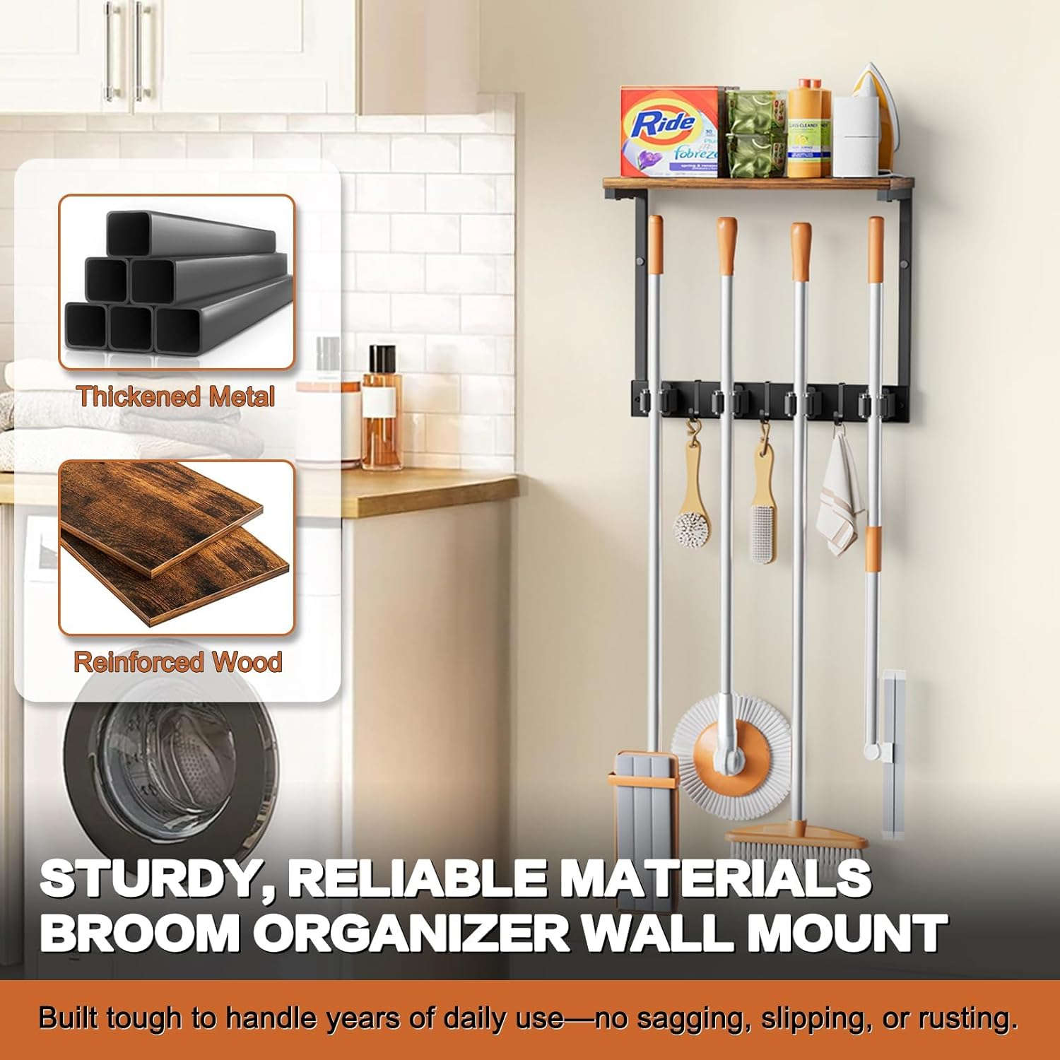 Broom Holder Wall Mount with Cleaning Supplies Organizer, Laundry Room Organization and Storage Shelves, Mop Hanger Broom Rack with Hooks, Home Improvement Kitchen Shelf Garage Organizer image number 2