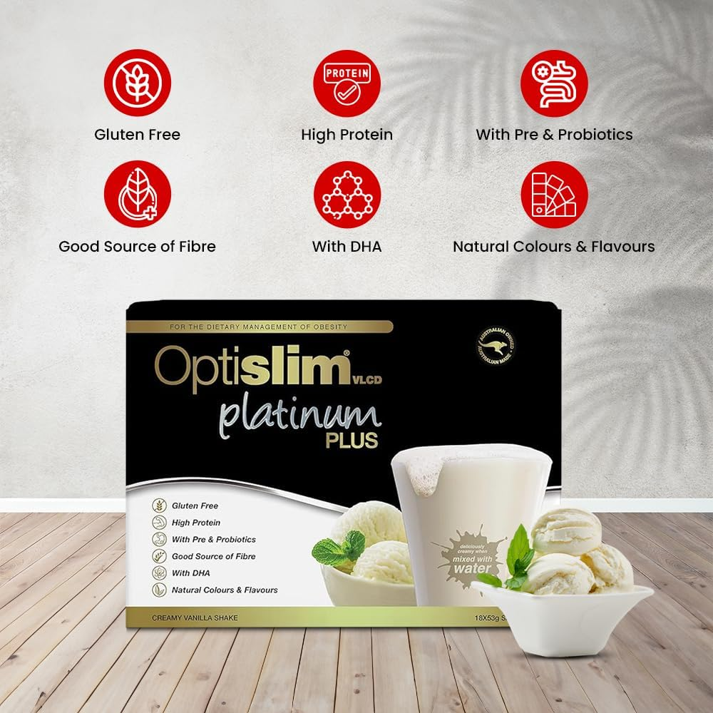 Optislim VLCD Platinum plus Shake, Meal Replacement, 20.2G High Protein, Pre & Probiotic, DHA, Dietary Fibre, and MCT - Vanilla Flavour - 18 X 53G Sachet image number 3