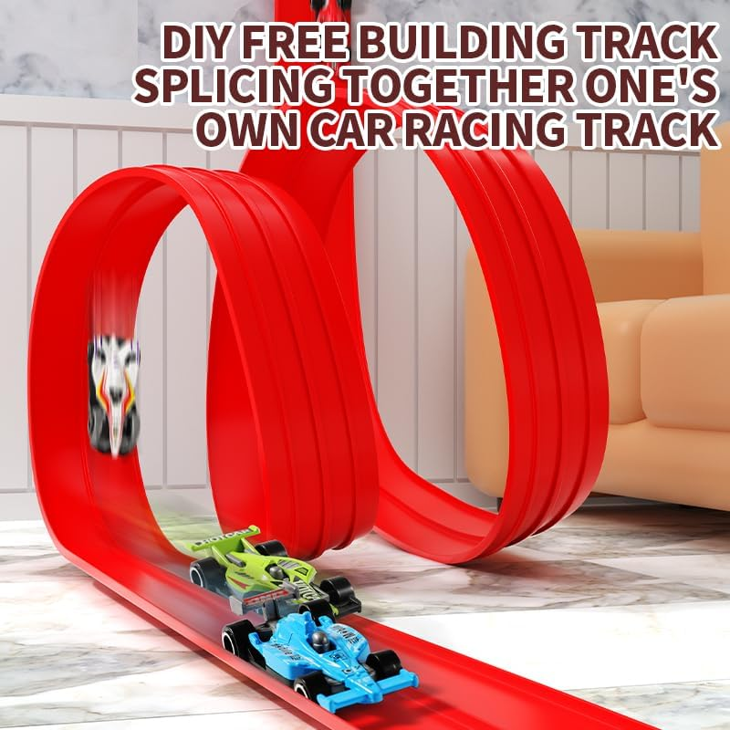 3.9 M Flexible Race Car Track, Rolls up Portable Racetrack with Suction Cups, DIY Highway with 4 Cars,Compatible with Diecast 1/64Th Cars,Kid Toy for Ages 3 & Up(Red) image number 6