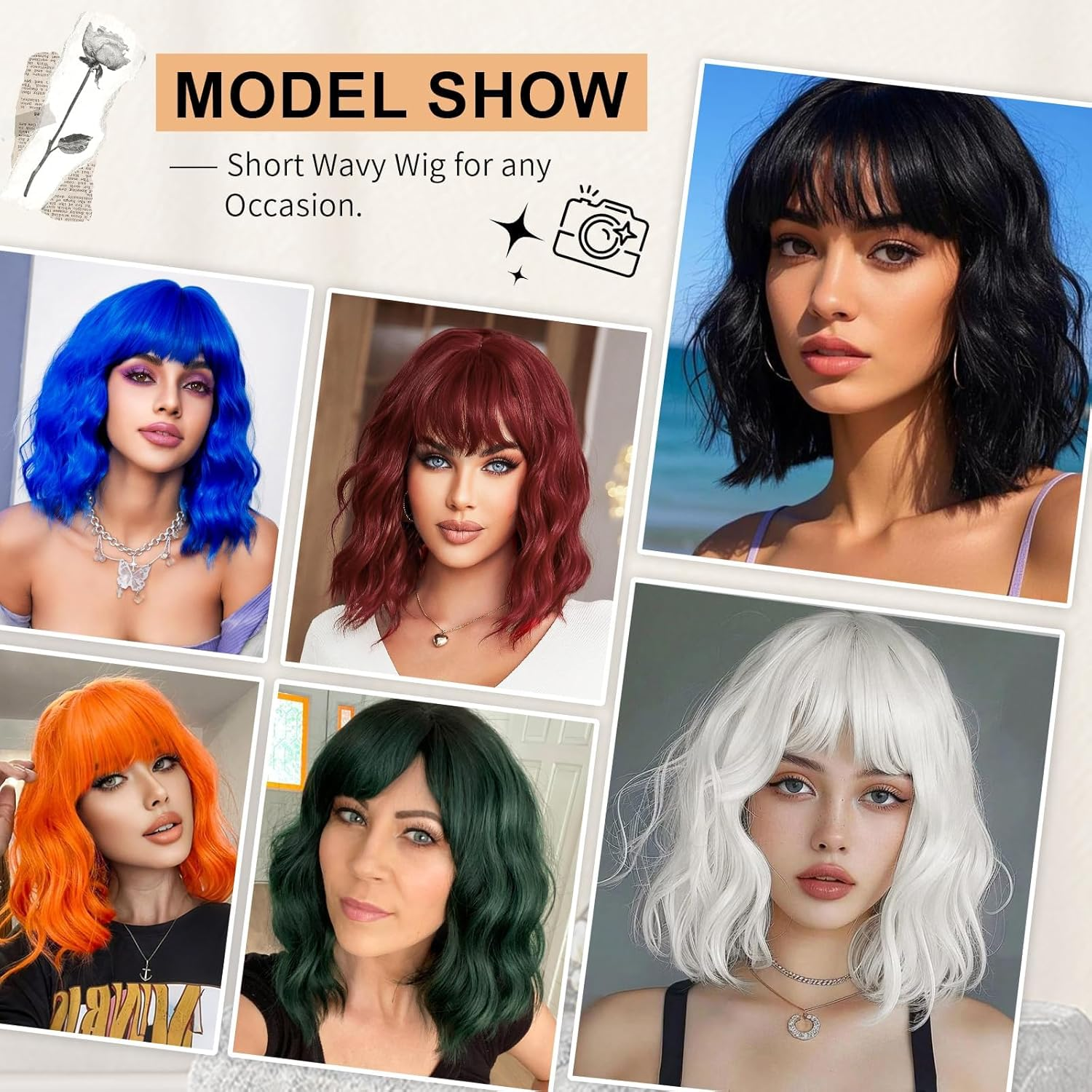 Short Bob Wig with Bangs Dark Green Loose Wave Wigs Shoulder Length 14Inch for Women Colorful Costume Wig Heat Resistant Fiber Hair for Daily Party Halloween Cosplay Use(313A#Darkgreen) image number 6