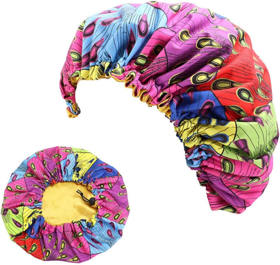 COMVIP 1Pc Adult Satin Bonnet Elastic Band Night Head Cover Sleep Cap B: Peacock image number 5