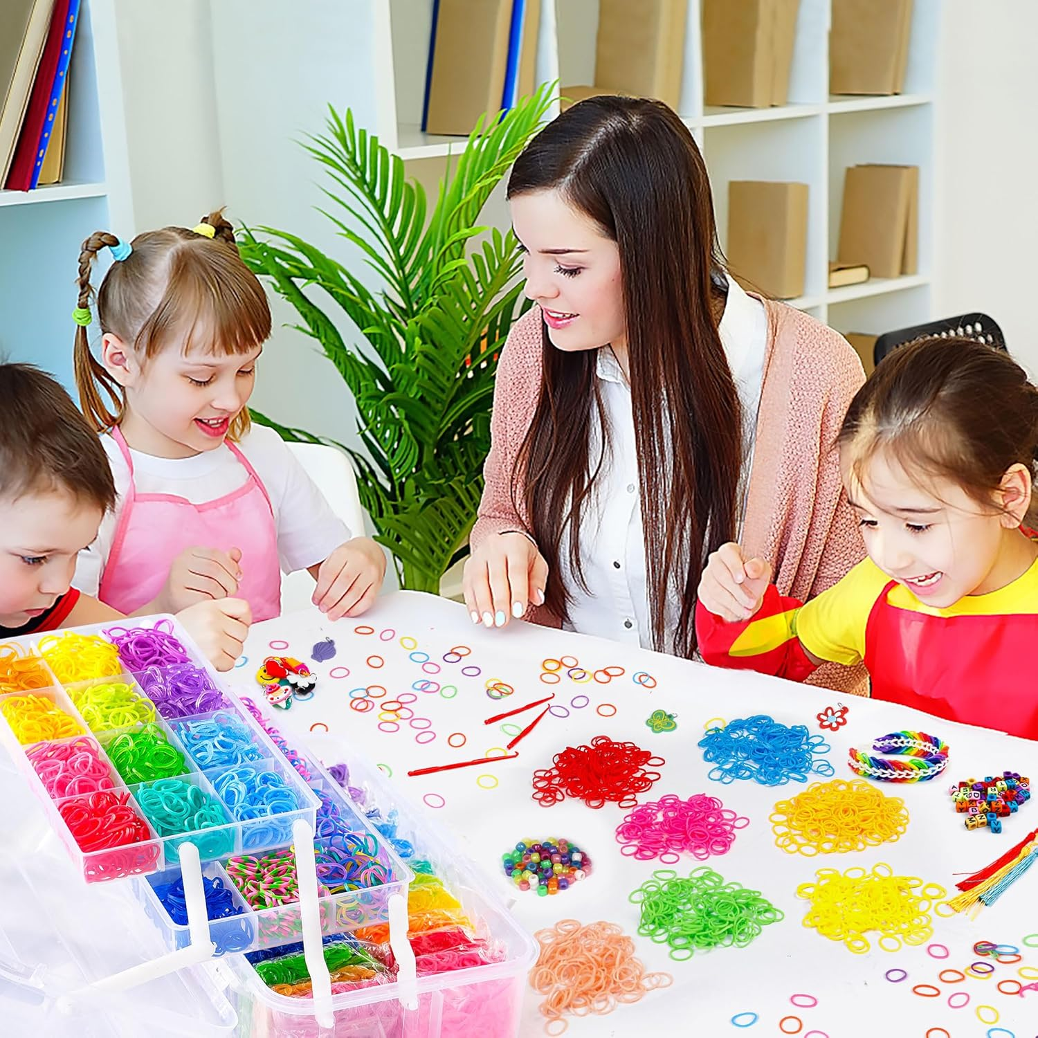 INSCRAFT 17500+ Rubber Loom Bands with 3 Layer Transparent Container, 28 Colors, 600 S-Clips, 352 Beads, 40 Cartoon Pendant, Bracelet Making Refill Kit for Kids