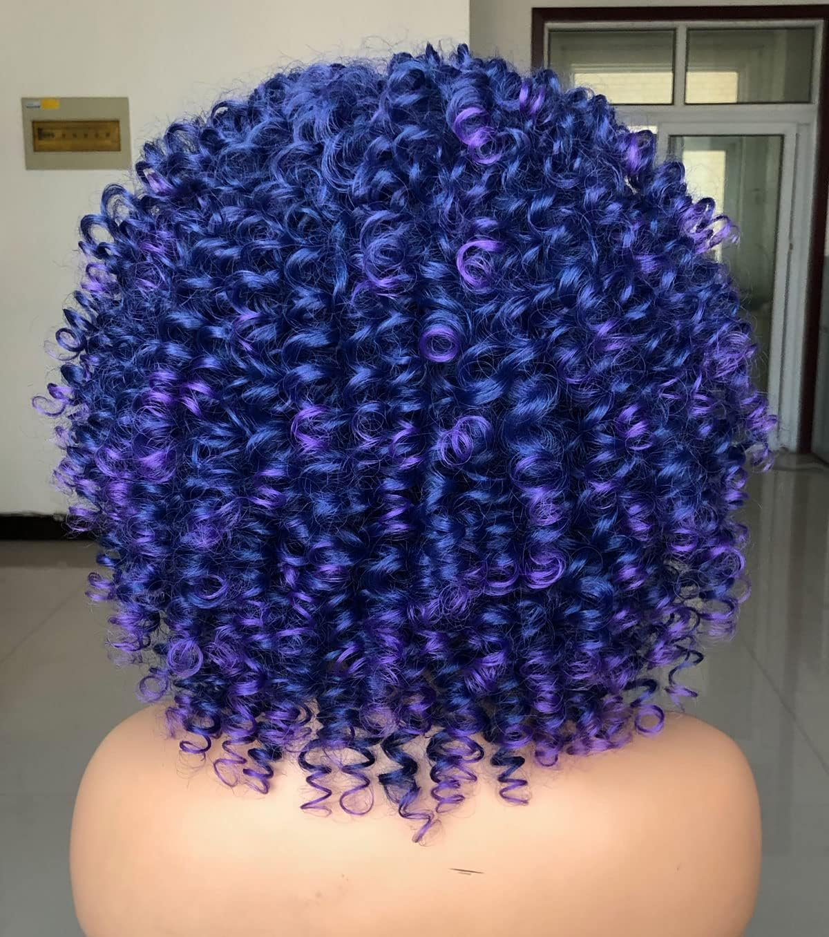 Lizzy Short Afro Curly Wigs for Black Women Full Synthetic Natural Blue with Purple Afro Kinkys Curly Wig with Bangs Shoulder Length Heat Resistant Wigs for Daily Use image number 5