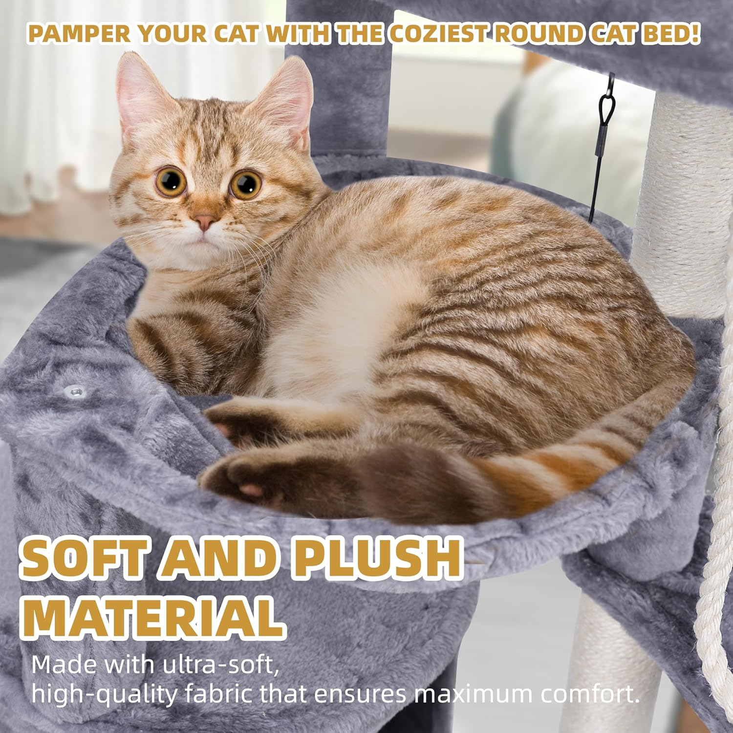 ROYPET 37.4'' Three Layer Cat Tree with Cat Condo Scratching Pad and Two Hammocks, Grey image number 1